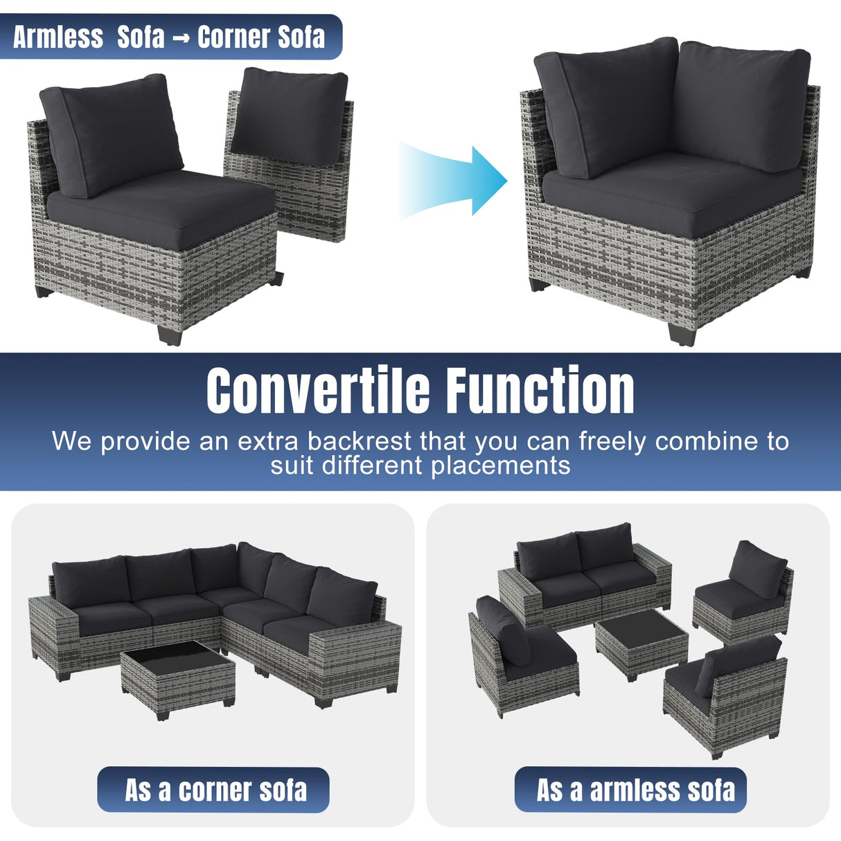 Aoxun 6 Pieces Patio Furniture Set Wicker Rattan Outdoor Sectional Conversation Set with Coffee Table and 4” Thickened Cushions, Gray Black (Waterproof Cover Included) Aoxun