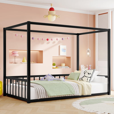 Twin Size Canopy Bed Frame with 4 Posters and Guardrails, Twin Size Montessori Floor Bed with High Fence, Anti Bump Design, Easy Assemble, Metal Montessori Bed Black