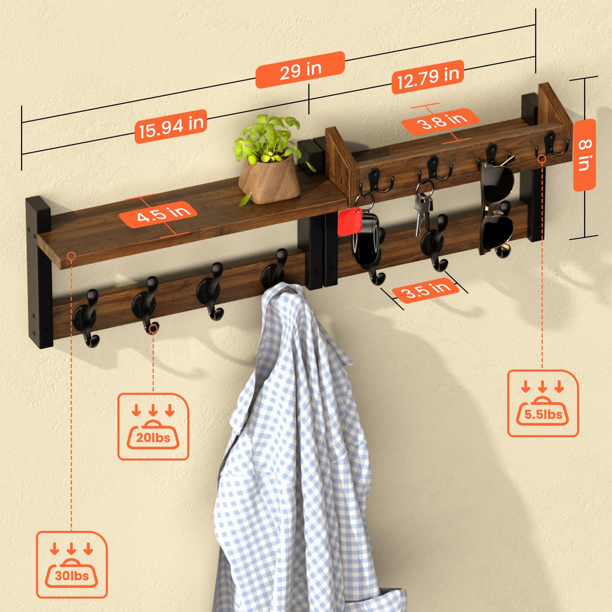 29'' Rustic Coat Rack Wall Mount with Shelf and Key Hooks, Solid Wood Key Holder Wall Mount, Farmhouse Wall Organizer for Mail, Entryway Wall Hangers for Hats, Clothes, Backpacks, Dog Leashes, Mudroom Facilite