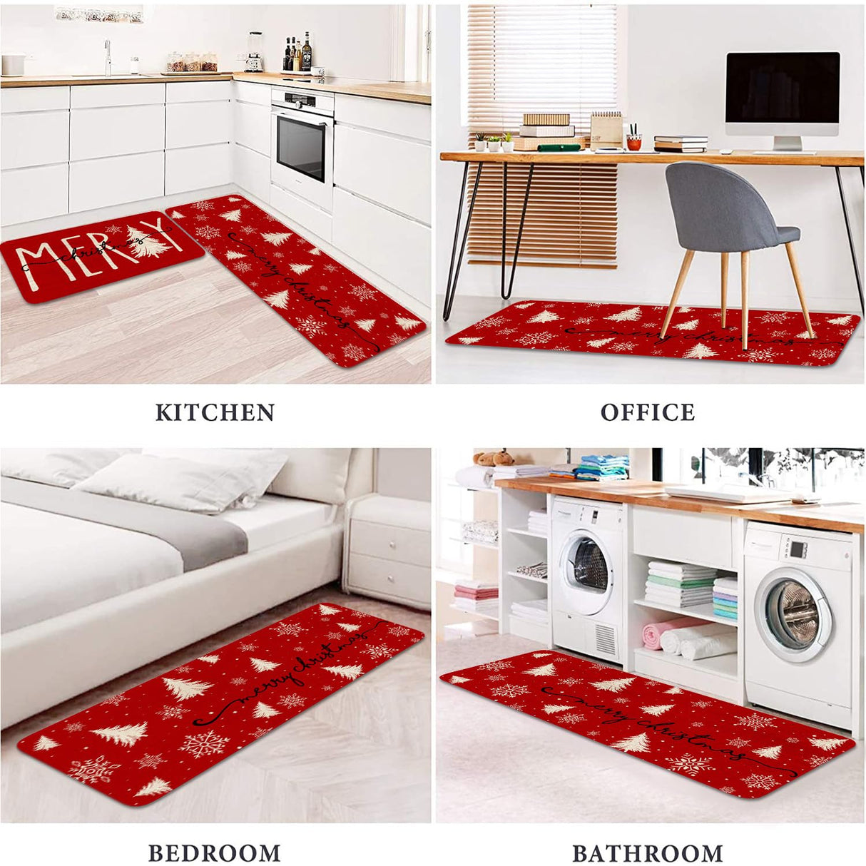 Eikunn Red Christmas Kitchen Rugs Set of 2 Xmas Trees Snowflake Kitchen Mat for Floor Winter Holiday Non-Slip Kitchen Sink Mats Kitchen Decor Doormat+Runner Rug Eikunn
