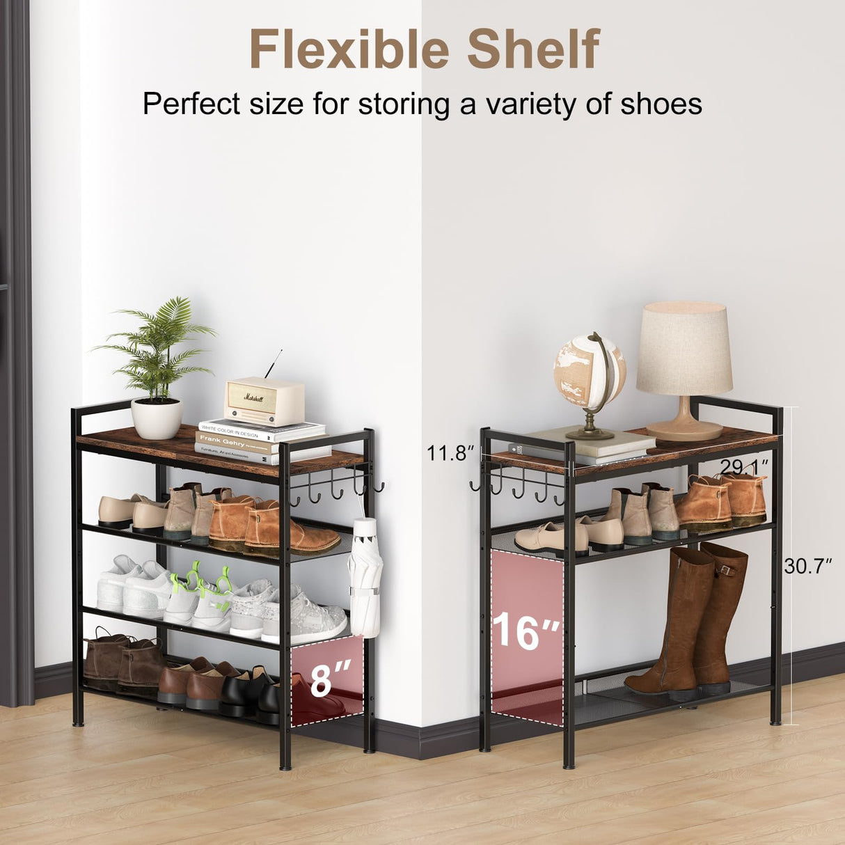 Refrze Shoe Rack for Front Door Entrance, 4 Tier Height-Adjustable Metal Shoe Rack, Sturdy Wooden Top and Tiltable Steel Frame Heavy Duty Shoe Organizer for Bathroom,Bedroom,Kitchen,Include Hook Refrze