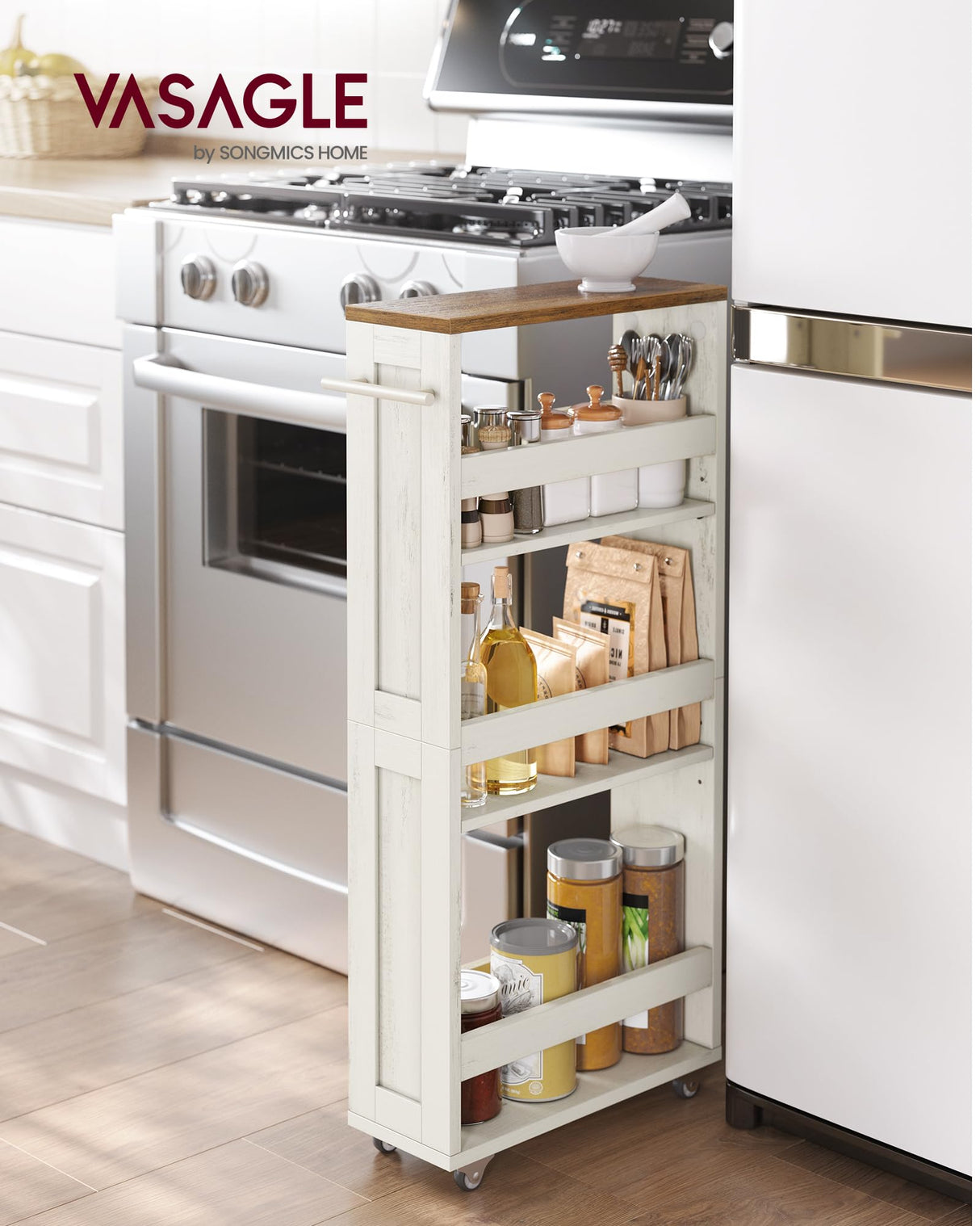 VASAGLE 4-Tier Slide-Out Storage Cart, Slim Kitchen Cart for Small Spaces, with Wheels, Handle, Bathroom, Laundry Room, 5.9 x 17 x 34.1 Inches, Rustic White and Honey Brown ULRC050K01 VASAGLE