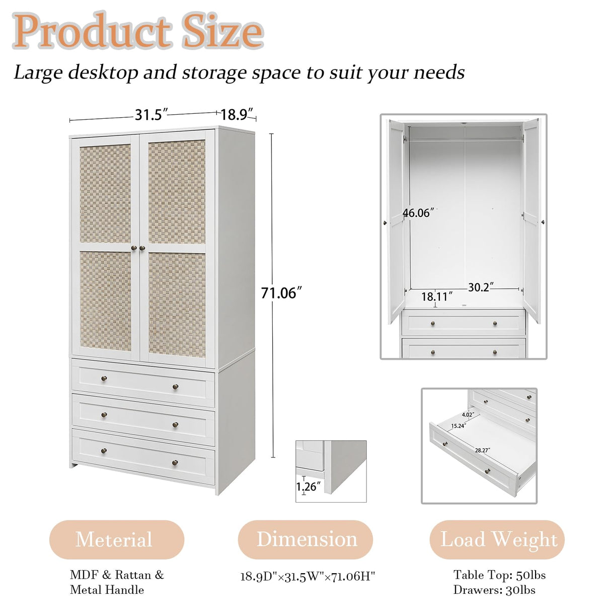 YHAOWORKS Armoire Wardrobe Closet with Drawers - Rattan Clothing Storage Cabinets with 2 Woven Doors, 71" Wood Wardrobe Cabinet with Hanging Rod for Bedroom (White) YHAOWORKS