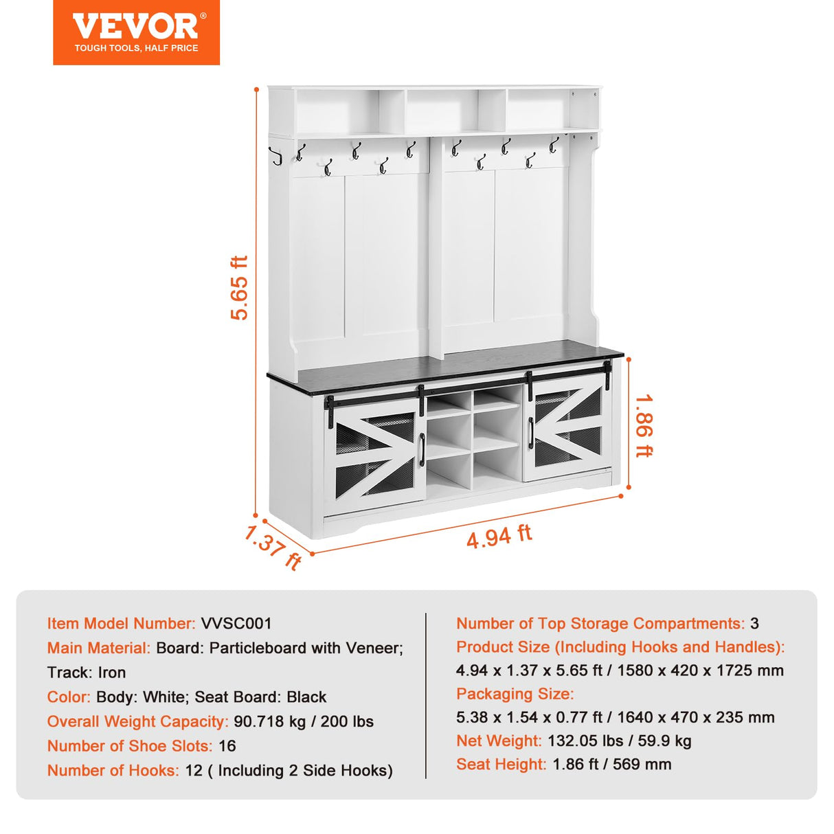 VEVOR Hall Tree Entryway Bench, LED Coat Rack with Shoe Storage, 59" Wide Mudroom Bench with Storage and Seating, Adjustable Shelves and 12 Hanging Hooks, for Mudroom, Entryway, Hallway VEVOR