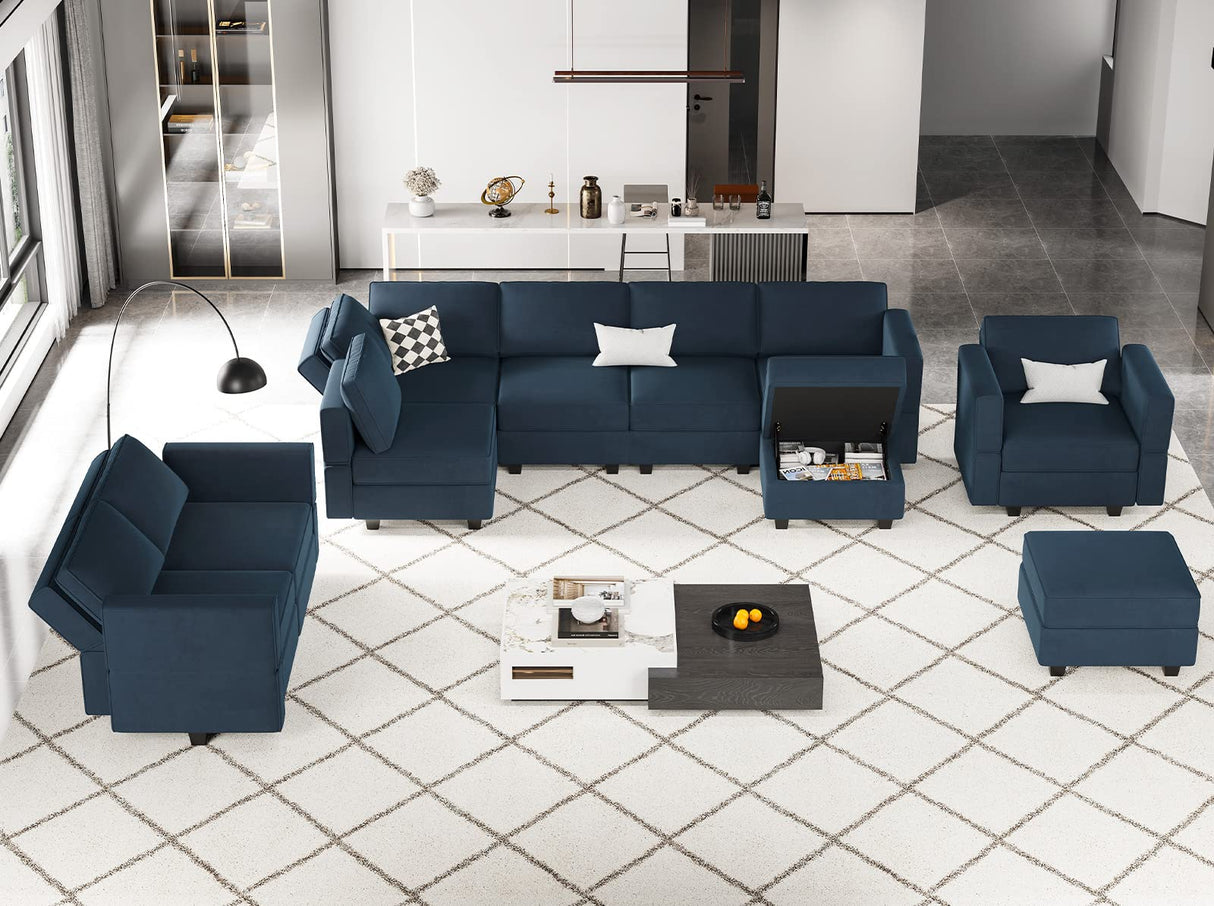 Belffin Modular Sectional Sofa with Ottomans Velvet Reversible Sleeper Sectional Sofa with Chaise Modular Sleeper Sofa Bed with Storage Seat Blue Belffin