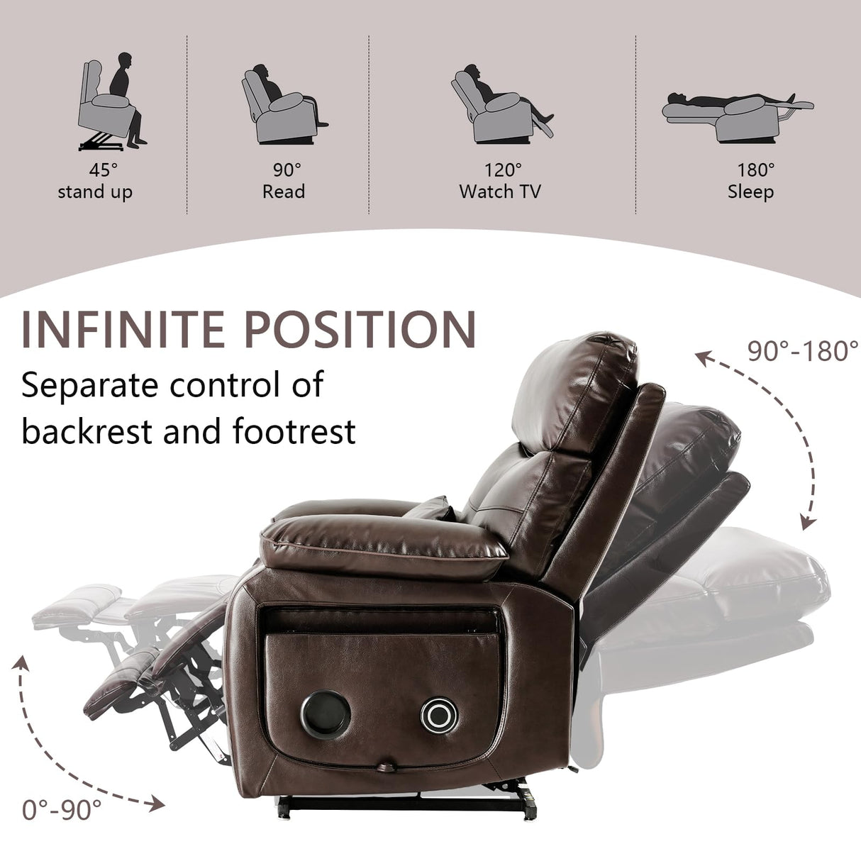 Dual Motor Power Lift Recliner Chair for Adult & Elderly, Infinite Position Lay Flat Lift Chair with Heat & Massage, Cup Holder, Lumbar Pillow, Wireless Charger, USB Ports, Leather (Brown) RESTREAL