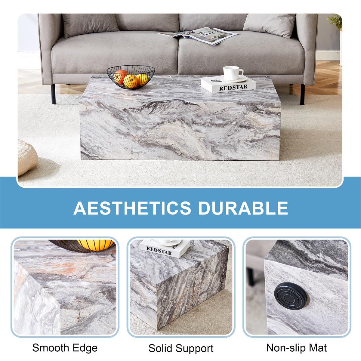 Coffee Table Living Room Table - Modern Faux Marble Design with Wood Accents in Grey BAOPIN