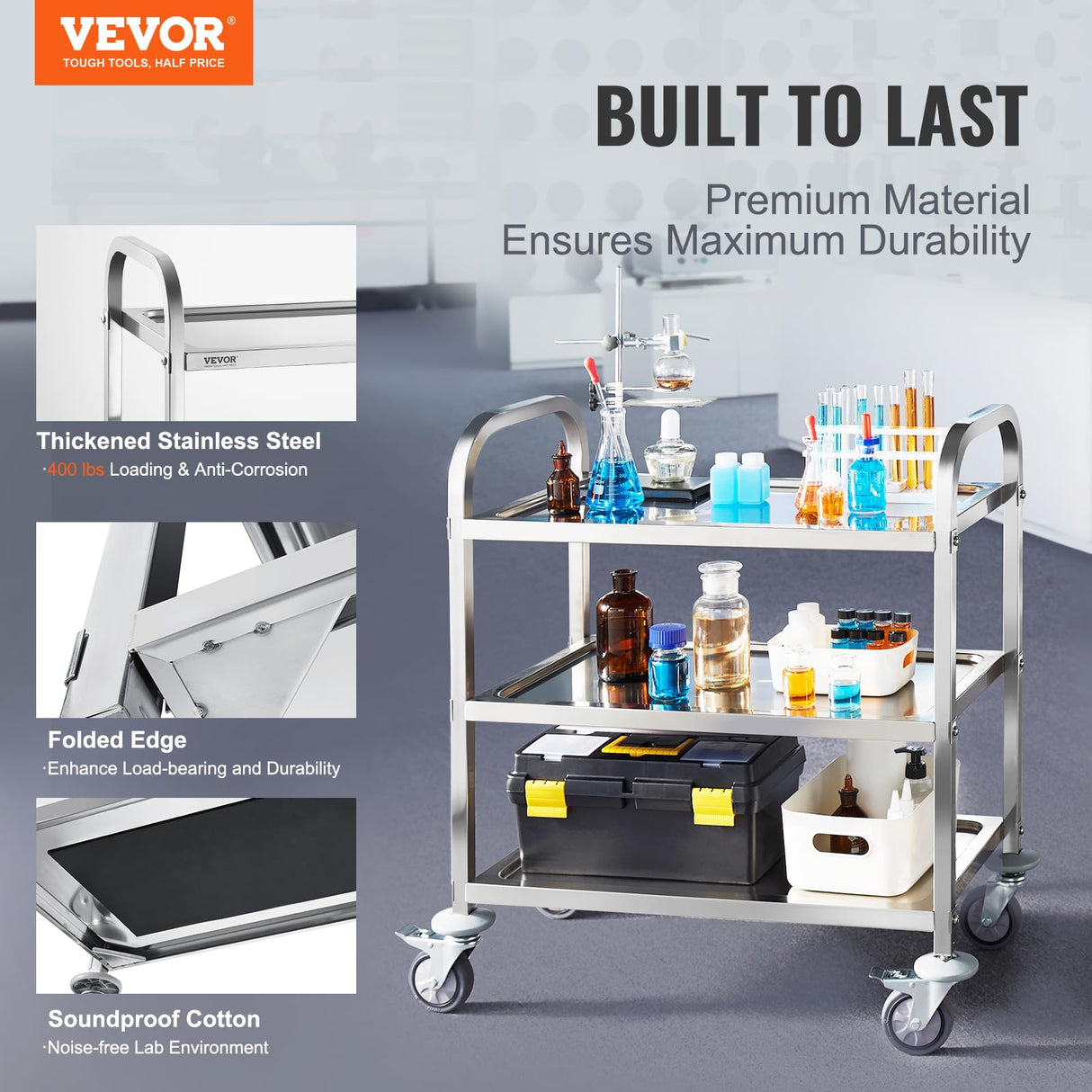VEVOR Stainless Steel Cart, 3 Layers Lab Utility Cart 400 lbs Weight Capacity, Medical Cart with Lockable Universal Wheels, for Lab, Clinic, Kitchen, Salon VEVOR