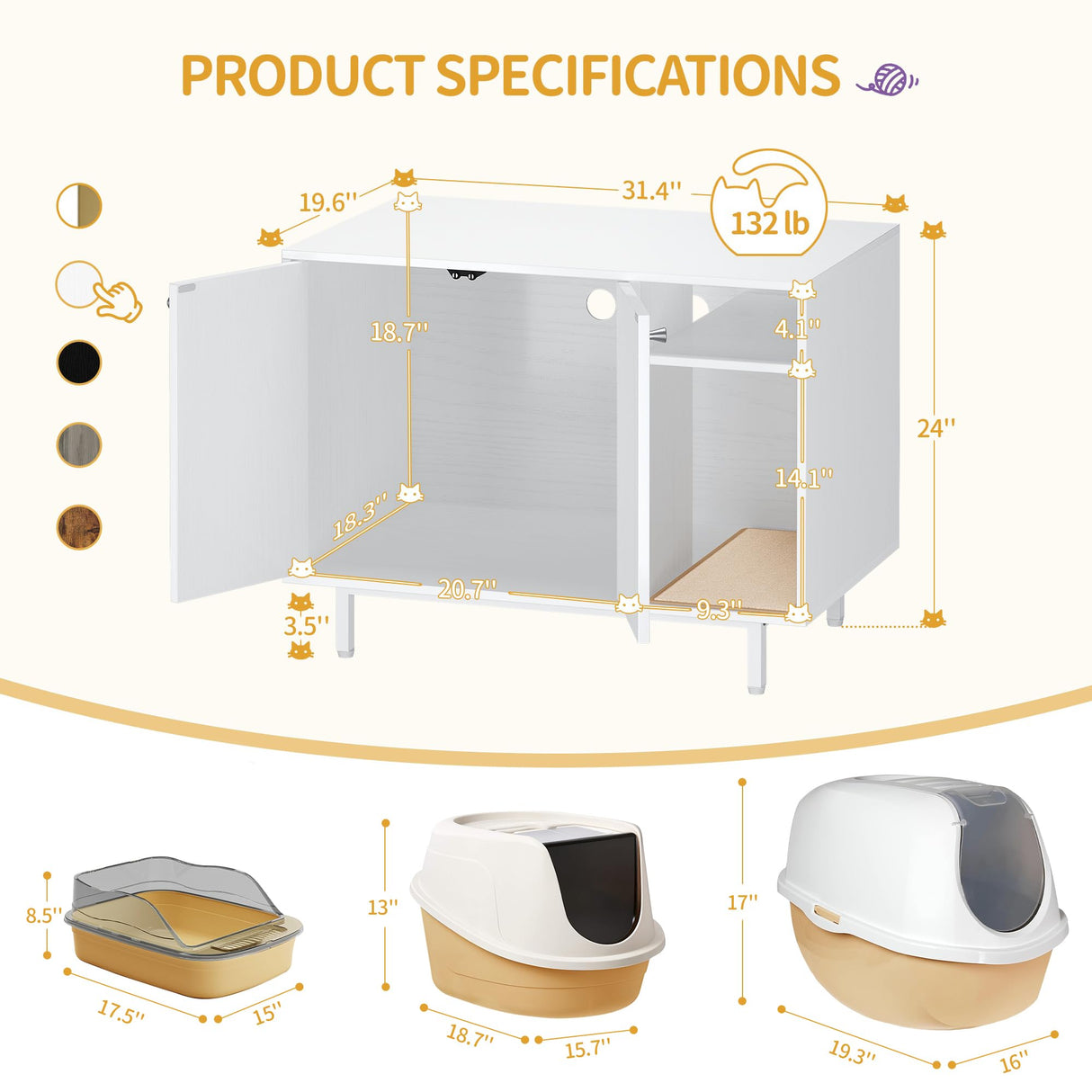 Hzuaneri Cat Litter Box Enclosure Enclosed, Hidden Litter Box Cabinet Furniture with Storage, Wooden Indoor Cat House Large, Modern End Table for Living Room Entryway, White CB01513W Hzuaneri