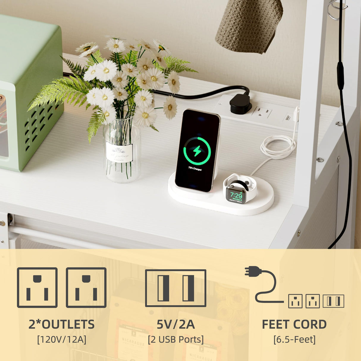 DWVO White Bakers Rack with Power Outlet, LED Light, and Sliding Storage Door - Farmhouse Kitchen Coffee Bar with 4-Tier Shelves and Hooks DWVO