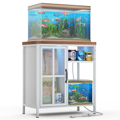 HAIOOU 20-29 Gallon Aquarium Stand with LED Light & Power Outlets, Cross Design Metal Frame Fish Tank Stand Aquarium Table with Cabinet Storage for Turtle Tank Reptile Terrarium, 360LBS Loads - White