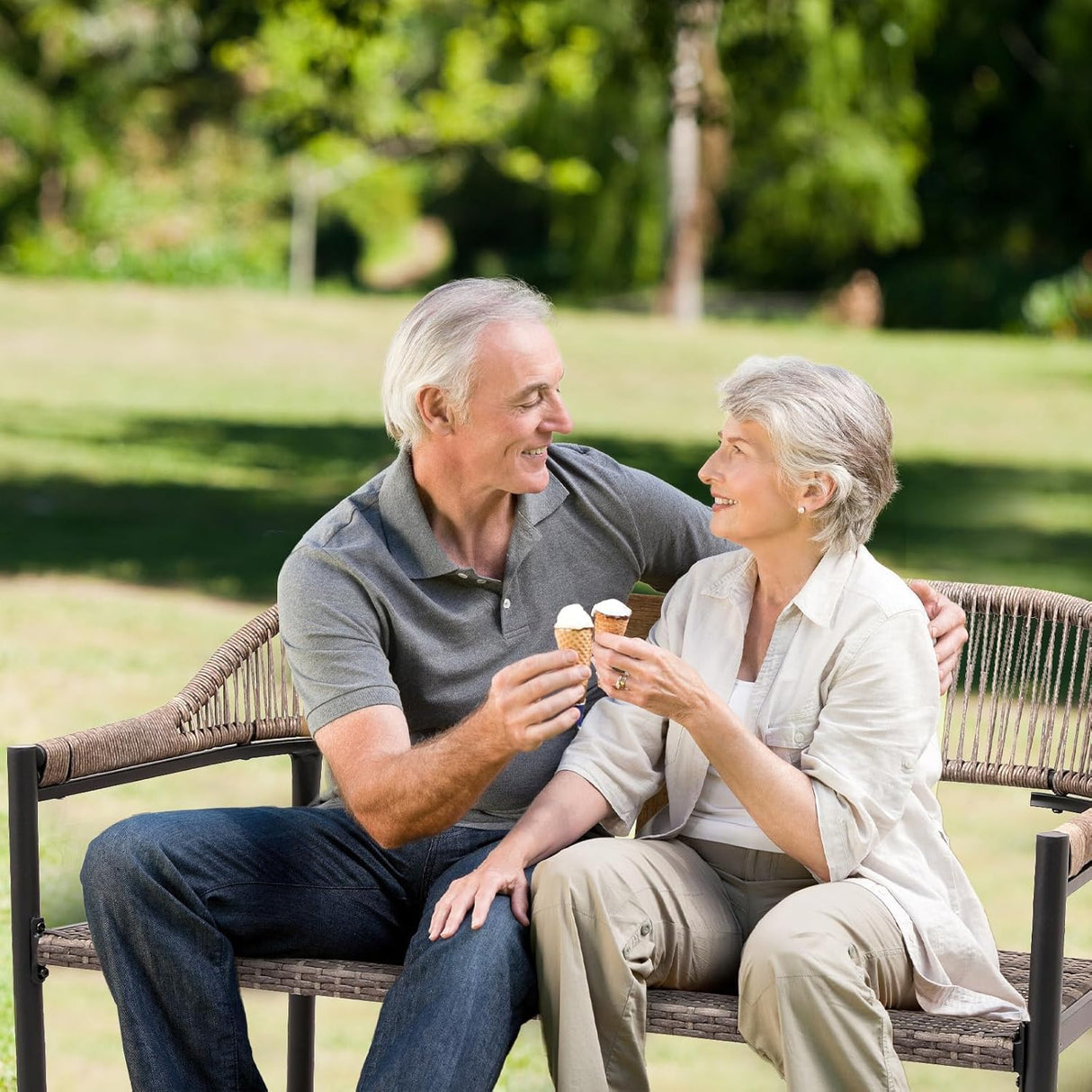 OPENAIRCOMFORT Outdoor Loveseat Bench,46.8 Inches Wicker Frame Patio Bench, All Weather Outdoor Bench with Rattan Backrest Armrests and Metal Legs for Lawn, Front Porch, Park, Yard OPENAIRCOMFORT