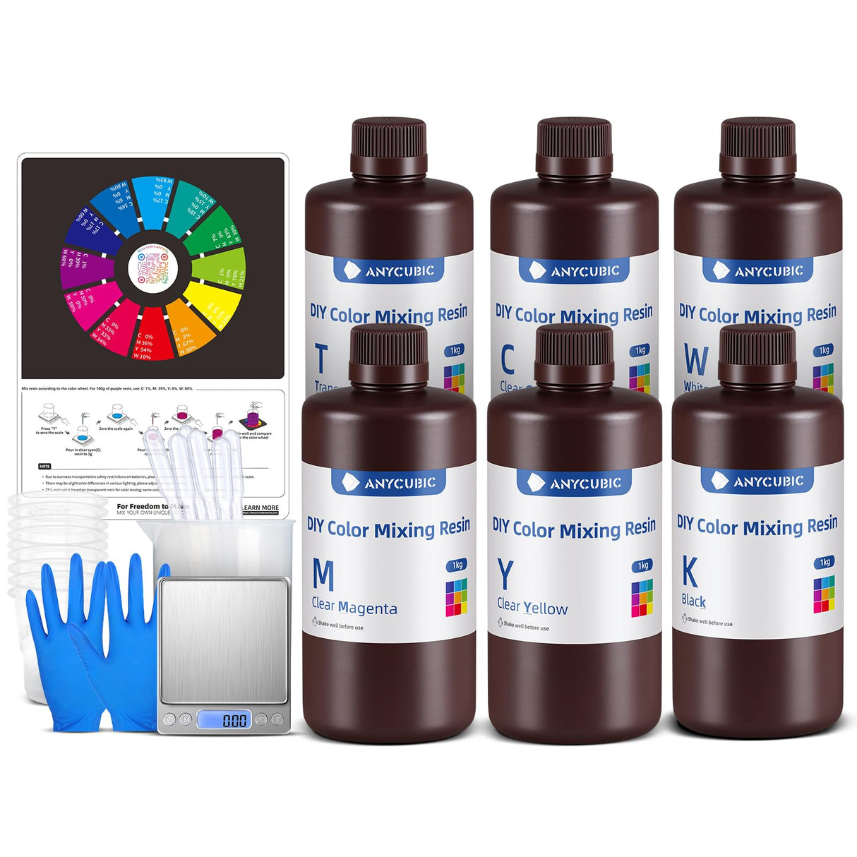 ANYCUBIC DIY Color Mixing 3D Printer Resin Set for LCD 3D Printing, Including 3D Resin 6 Colors, Dropper, Beaker, Disposable Plastic Cups, Nitrile Gloves, Electronic Scale (Without Battery) ANYCUBIC