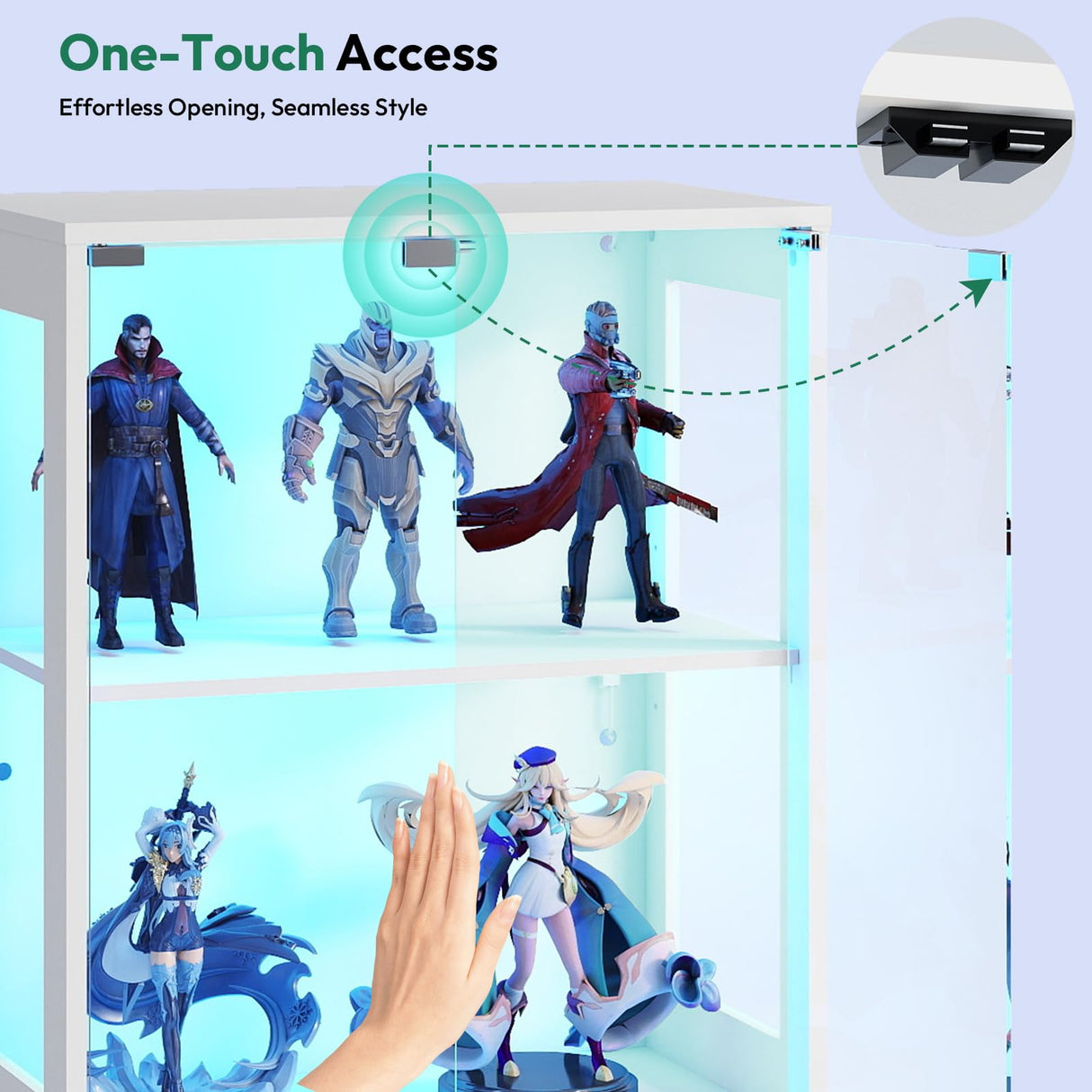 Lamtor Glass Display Cabinet with Doors - Curio Cabinet with Dynamic LED Lights for Collectibles, 67" Display Case with 4 Tier and Drawer for Figure, Toys, Books, White(Narrow) Lamtor