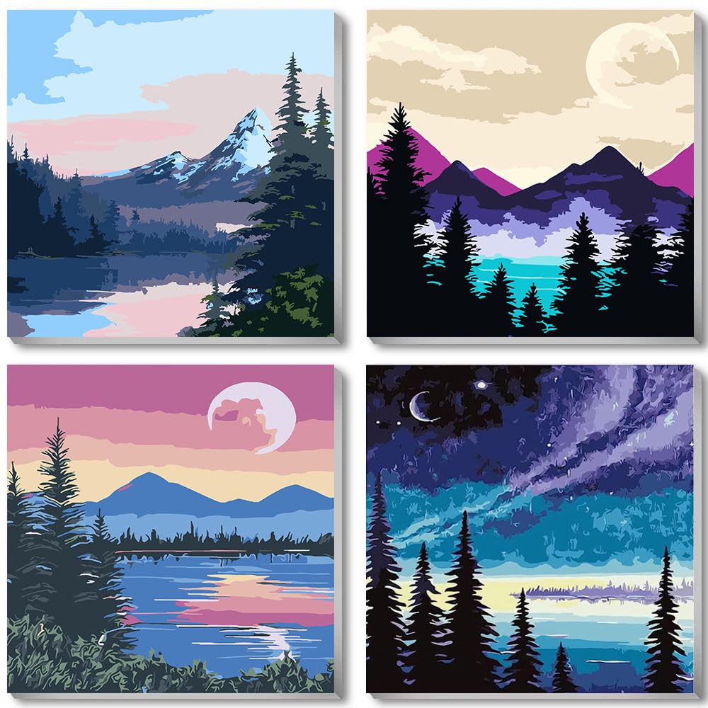 Paint by Numbers Kits, Paint by Number for Adults Canvas with Frame, Easy DIY Acrylic Paint by Numbers, 4 Pack Moon Mountain Lake Landscape Oil Painting for Kids & Adults Beginners (8x8 Inch) WoodArtSupply