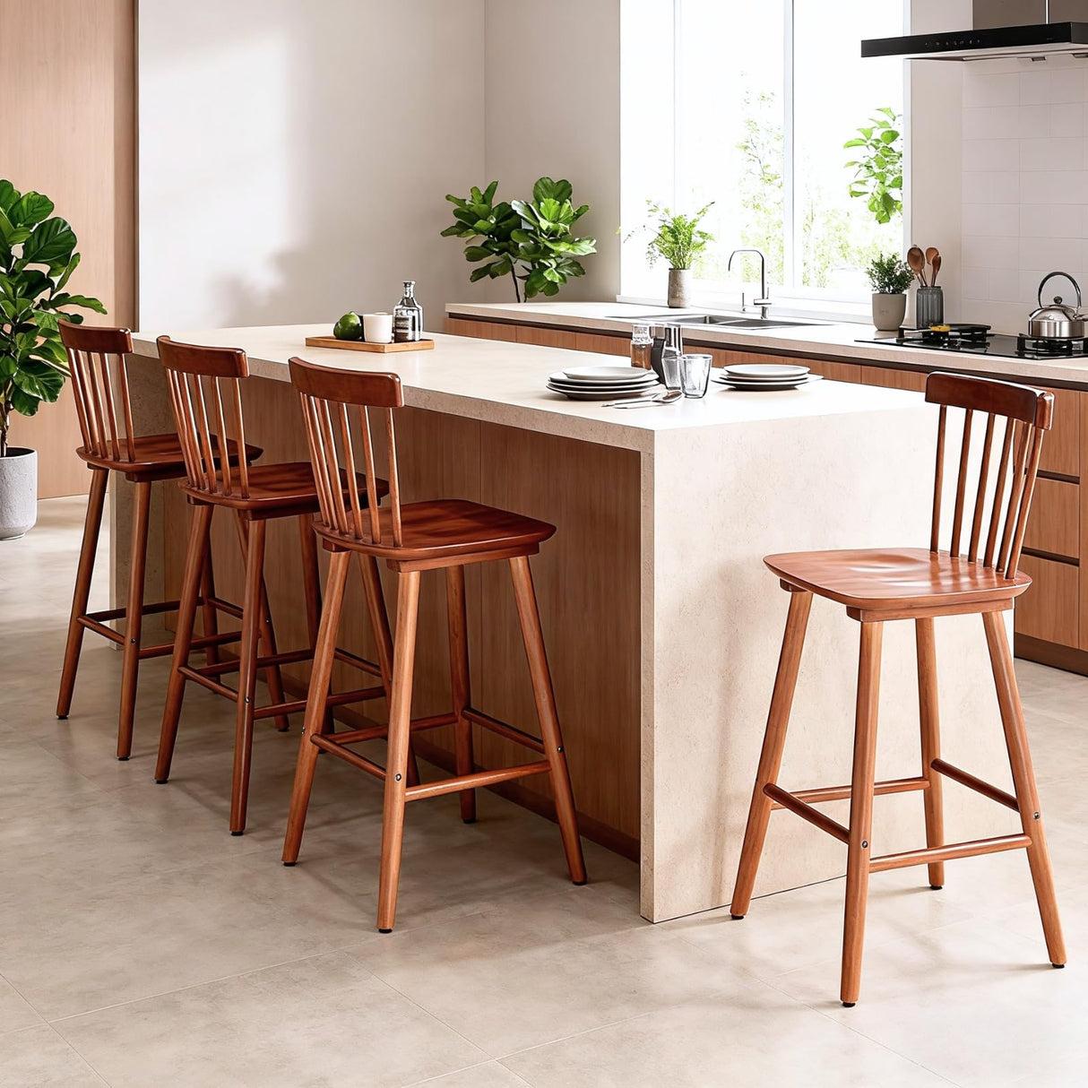 chairus 26" Farmhouse Wooden Bar Stools Set of 2, Windsor Spindle Back Counter Height Stools, Modern Armless Bar Chairs for Kitchen Island Dining Room Cafe, Walnut Brown chairus