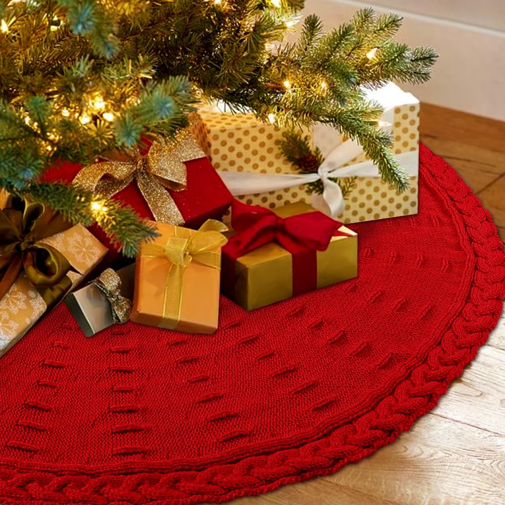 YUJUN 48 Inches Christmas Knitted Tree Skirt Decorations Xmas Large Red Chunky Cable Farmhouse Thick Rustic Tree Skirt for Merry Christmas Tree Holiday Home Party Decoration YUJUN