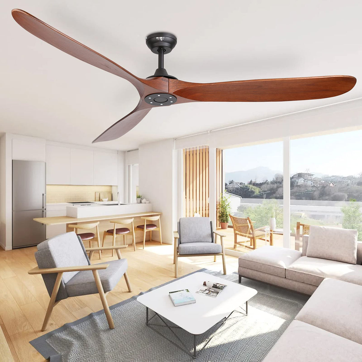 reiga 70 Inch Large Wood Ceiling Fan without Light, 3 Blade Indoor Outdoor High Airflow Silent Smart Ceiling Fans with Remote Control for Living Room Exterior Patio Porch reiga