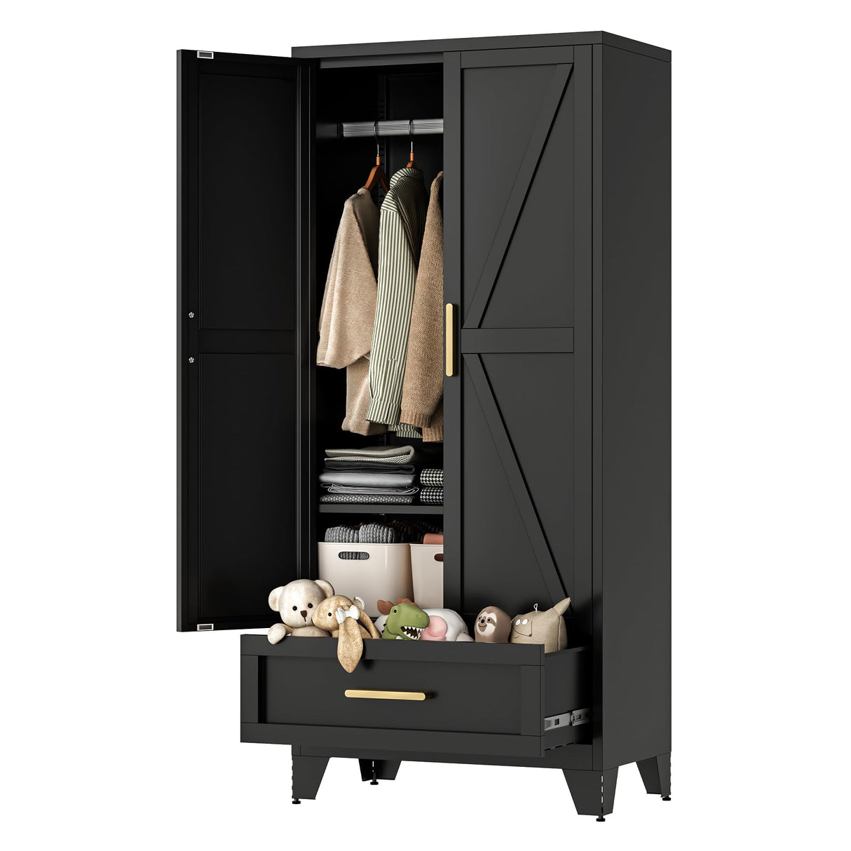 LCAOPC 71" Tall Metal Wardrobe Cabinet with Drawer and Hanging Rod, 2 Doors Armoire Wardrobe Closet with Shelf for Bedroom, Office, Laundry Room, Black LCAOPC