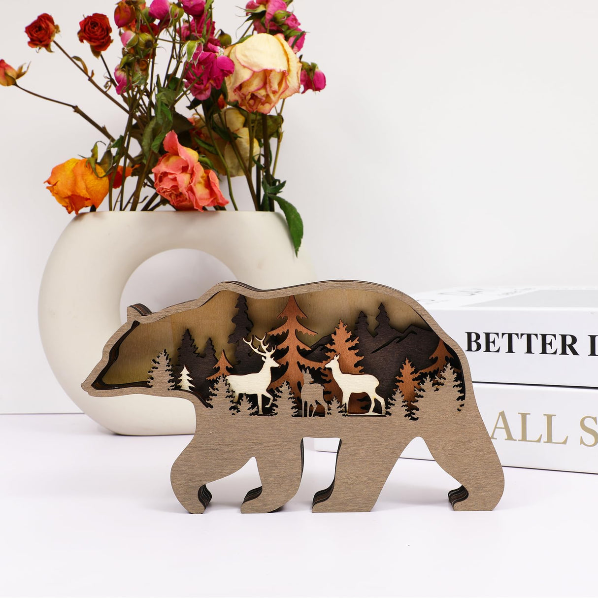 Drawely 3D Wooden Animals Carving, Wood Carving Animals Wall Decor, Modern Festival Forest Sculpture Christmas Living Room Office Decor Birthday Gifts for Friend Daughter Son Mom Dad (Bear) Drawelry