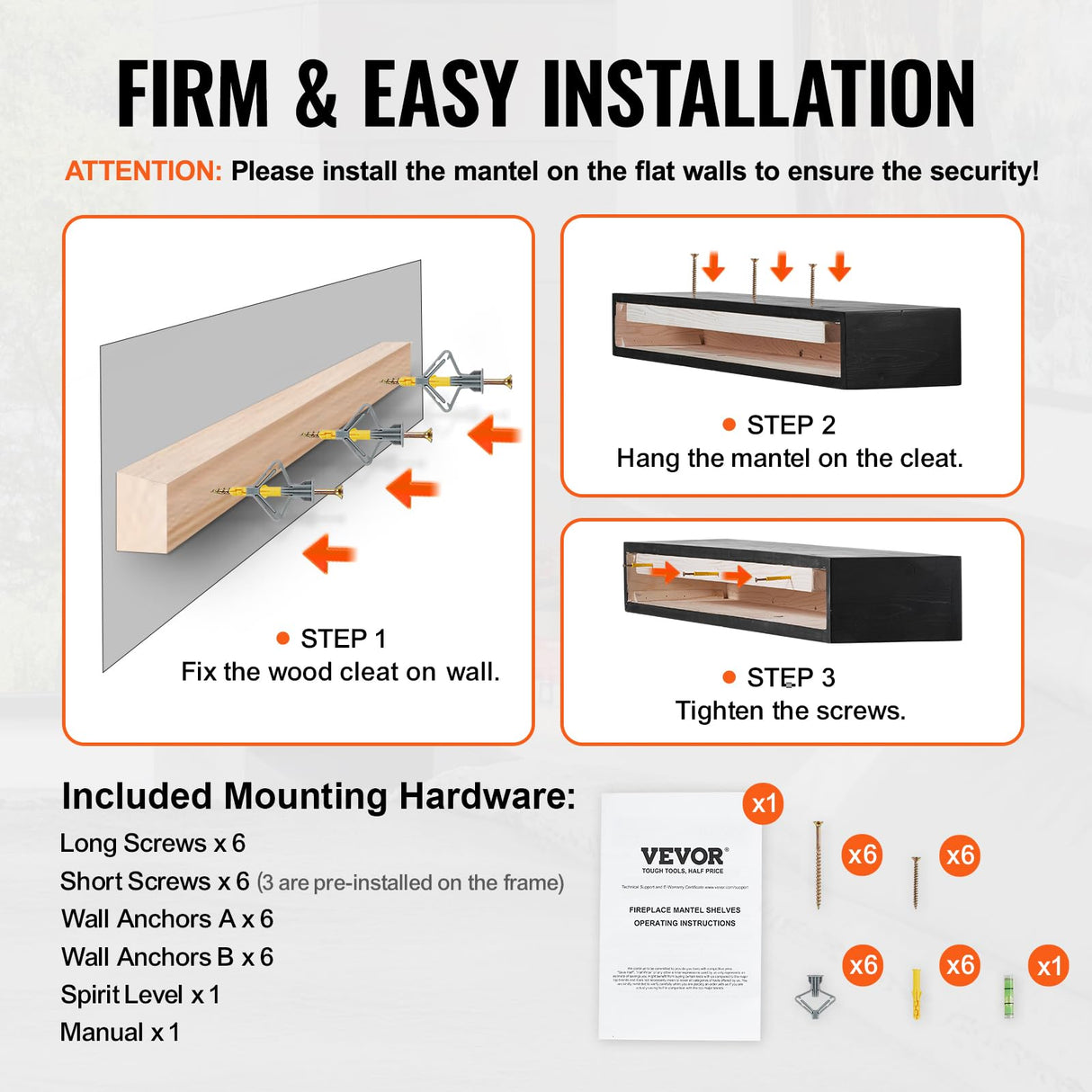 VEVOR Fireplace Mantel, 48" x 8" x 5", 50 lbs Weight Capacity, Natural Wood Mantel for Over Fireplace, Wall Mounted Floating Farmhouse Shelf, Handcrafted Fireplace Mantel for Wall Decor, Espresso VEVOR