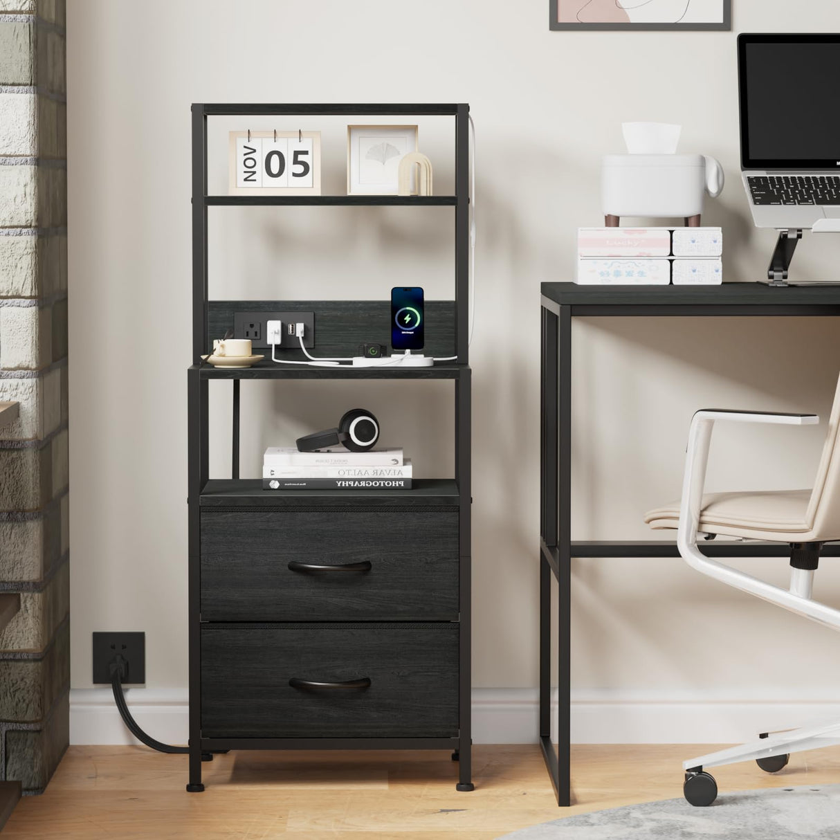 Furnulem Night Stand, Tall Nightstand with 4-Tier Shelves, 2 Fabric Drawers and Light Tube, Bed Side Tables with Charging Station, Bedside Table for Bedroom, Office, Black Oak Furnulem