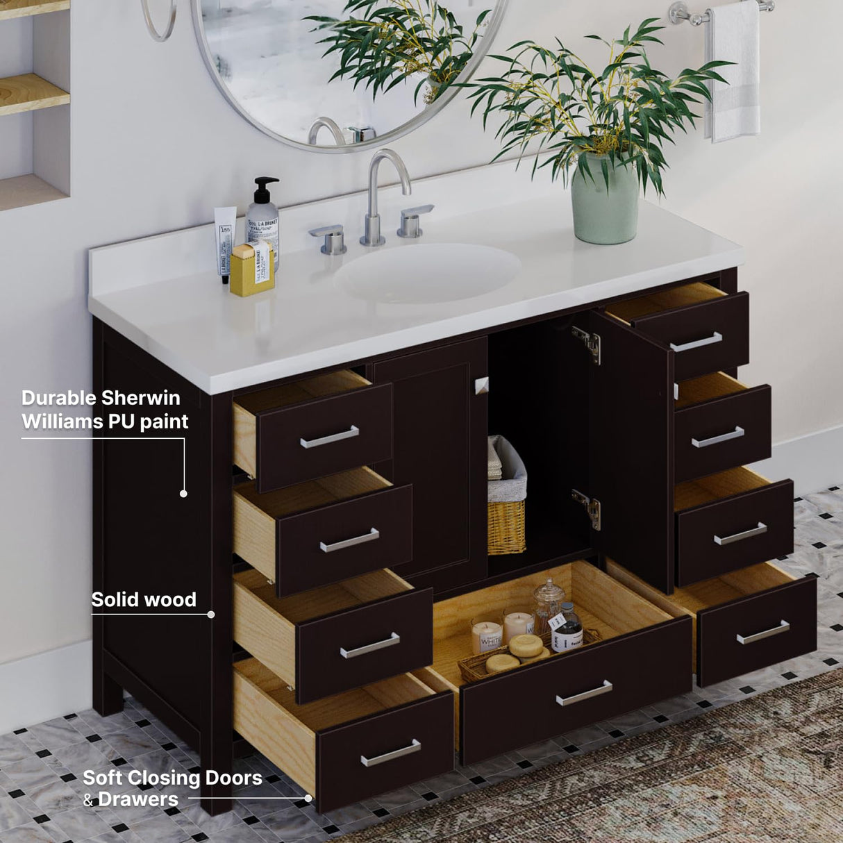 ARIEL Bathroom Vanity 55" Inch with Pure White Quartz Countertop and Oval Sink in Espresso, 2 Soft Closing Doors, 9 Full Extension Dovetail Drawers, with Backsplash, No Mirror ARIEL