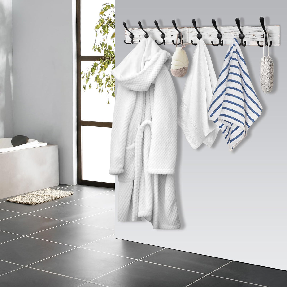 Kuhome 32.2'' Large Coat Rack Wall Mount Coat Hooks with 8 Metal Black Triple-Hooks Old White Pine Real Wood Plank Hat Rack for Wall Hooks Kuhome