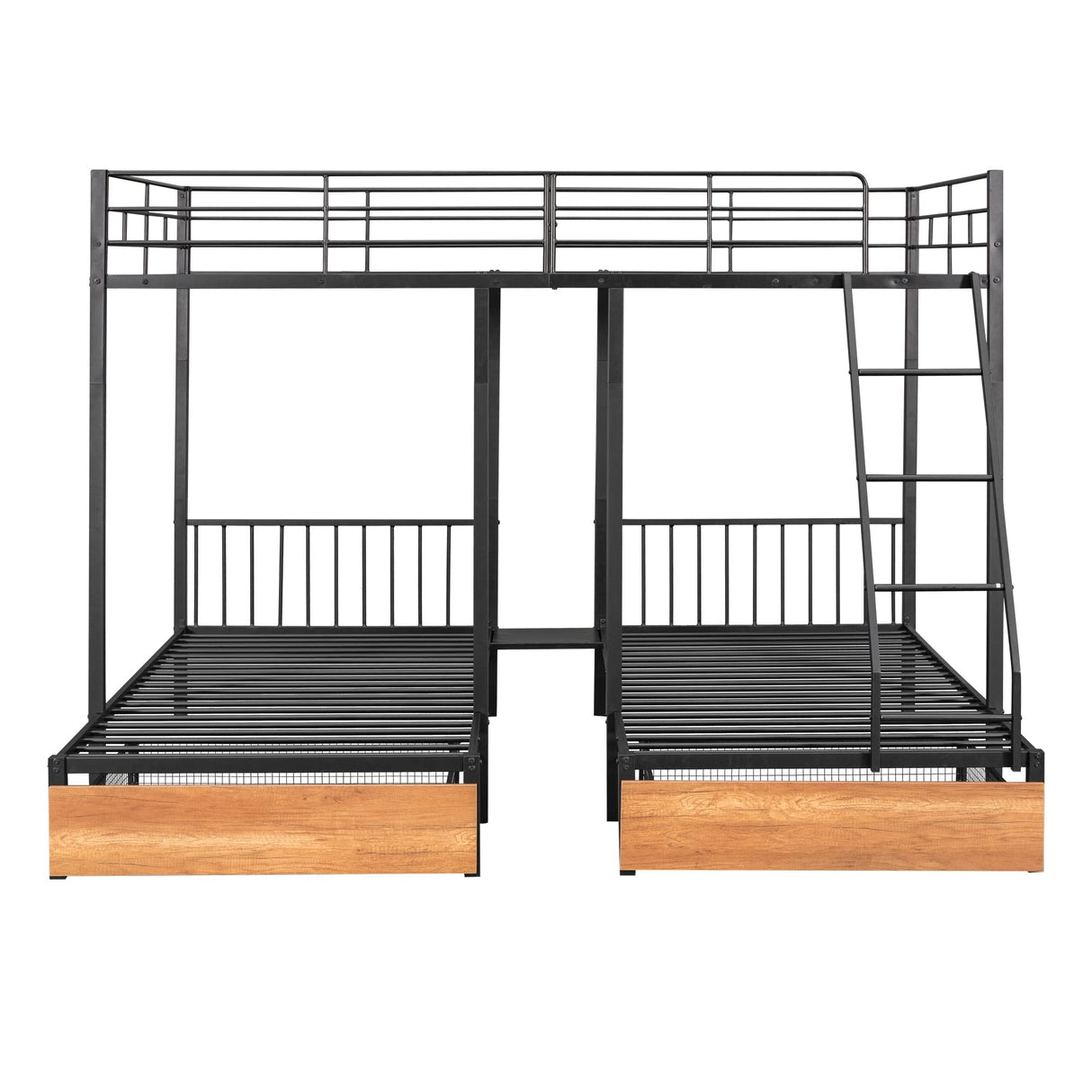 Merax Full Over Twin & Twin Triple Bunk Bed, Black Metal Bed Frame with Drawers and Guardrails Merax