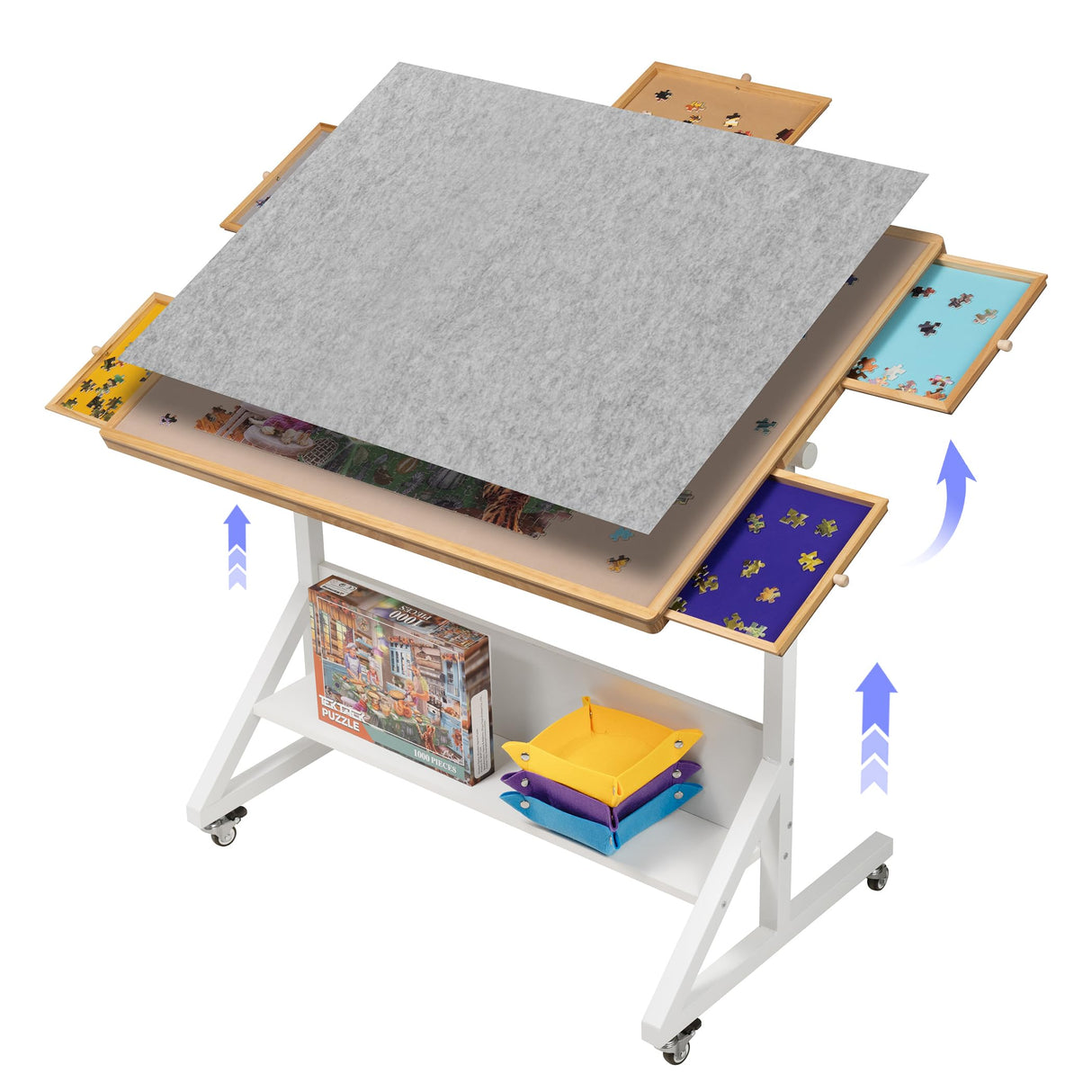 Tektalk Jigsaw Puzzle Table with Angle & Height Adjustment, Puzzle Easel with Cover & 5 Sorting Drawers, Tilting Board with Legs, Enclosed with 4 Roller Wheels, for Up to 1500 Pieces Tektalk