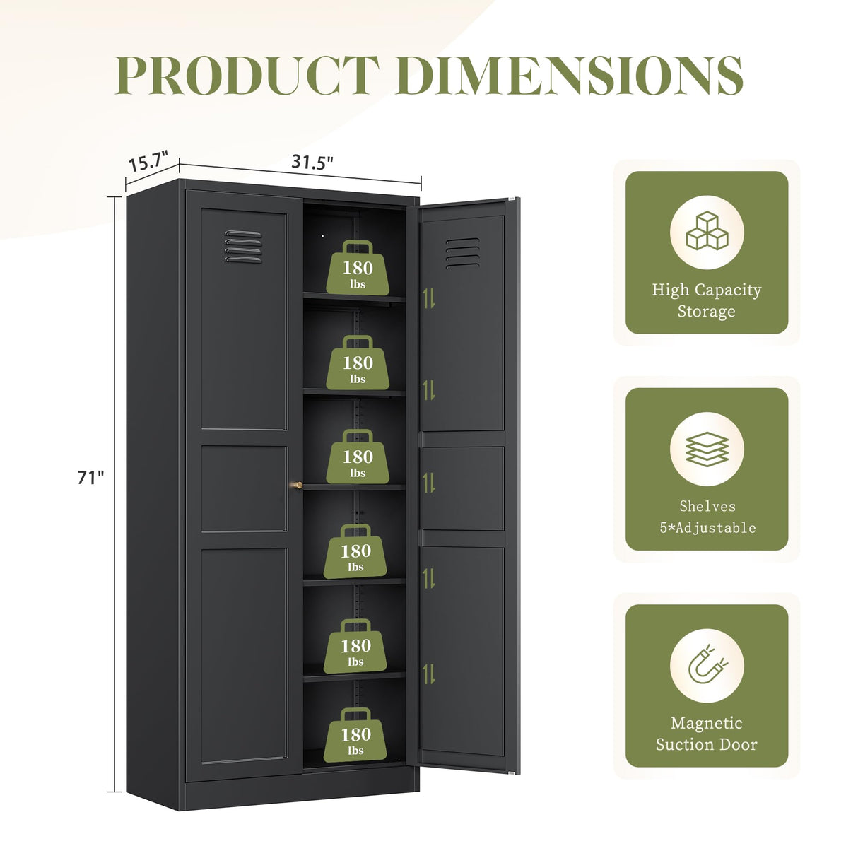 RAVIGIN Metal Storage Cabinet,71" H Pantry Cabinet with 2 Doors and 5 Adjustable Shelves,6 Tier Tall Kitchen Storage Cabinets for Kitchen,Pantry,Living/Study/Laundry Room(Black) RAVIGIN