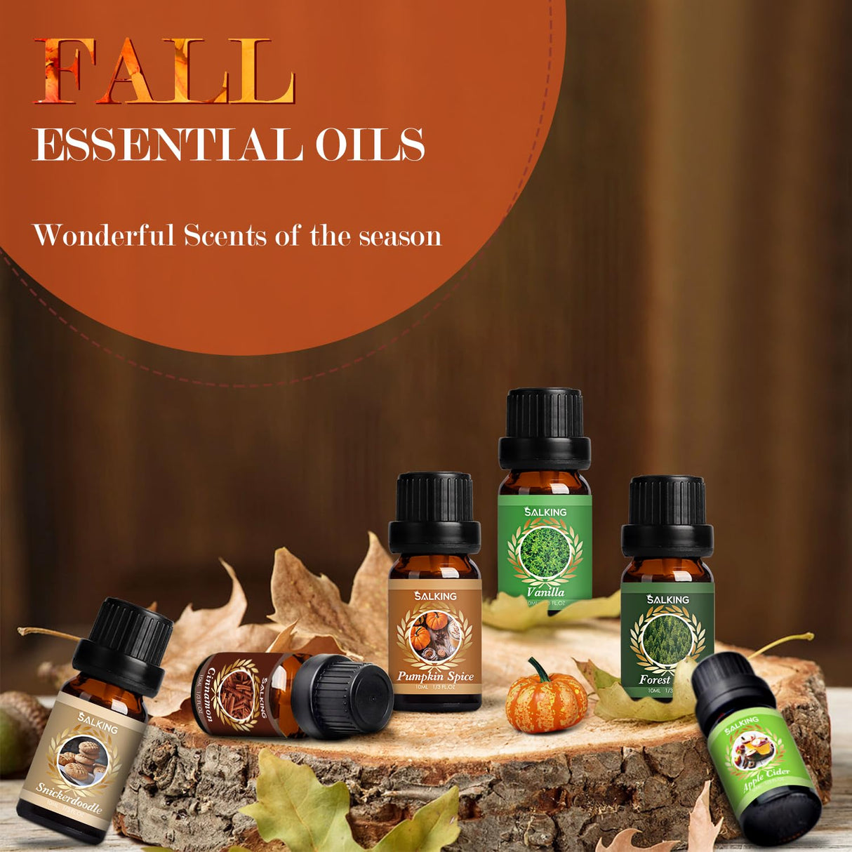 SALKING Autumn Fragrance Oils, Premium Fall Essential Oils for Diffuser, Scented Oils Gift Set for Soap Candle Making Scents - Cinnamon, Pumpkin Spice, Apple Cider, Vanilla, Forest Pine, Snickerdoodle SALKING