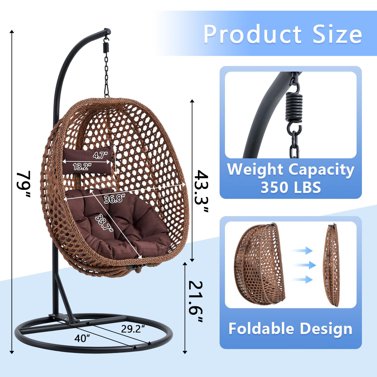 JUFU Egg Swing Chair with Stand,Hanging Egg Chair Indoor Outdoor,Hammock Hanging Basket Chair with Aluminum Steel Frame,Patio Egg Chair with Removable Cushions for Patio Balcony Backyard,Bedrooms JUFU