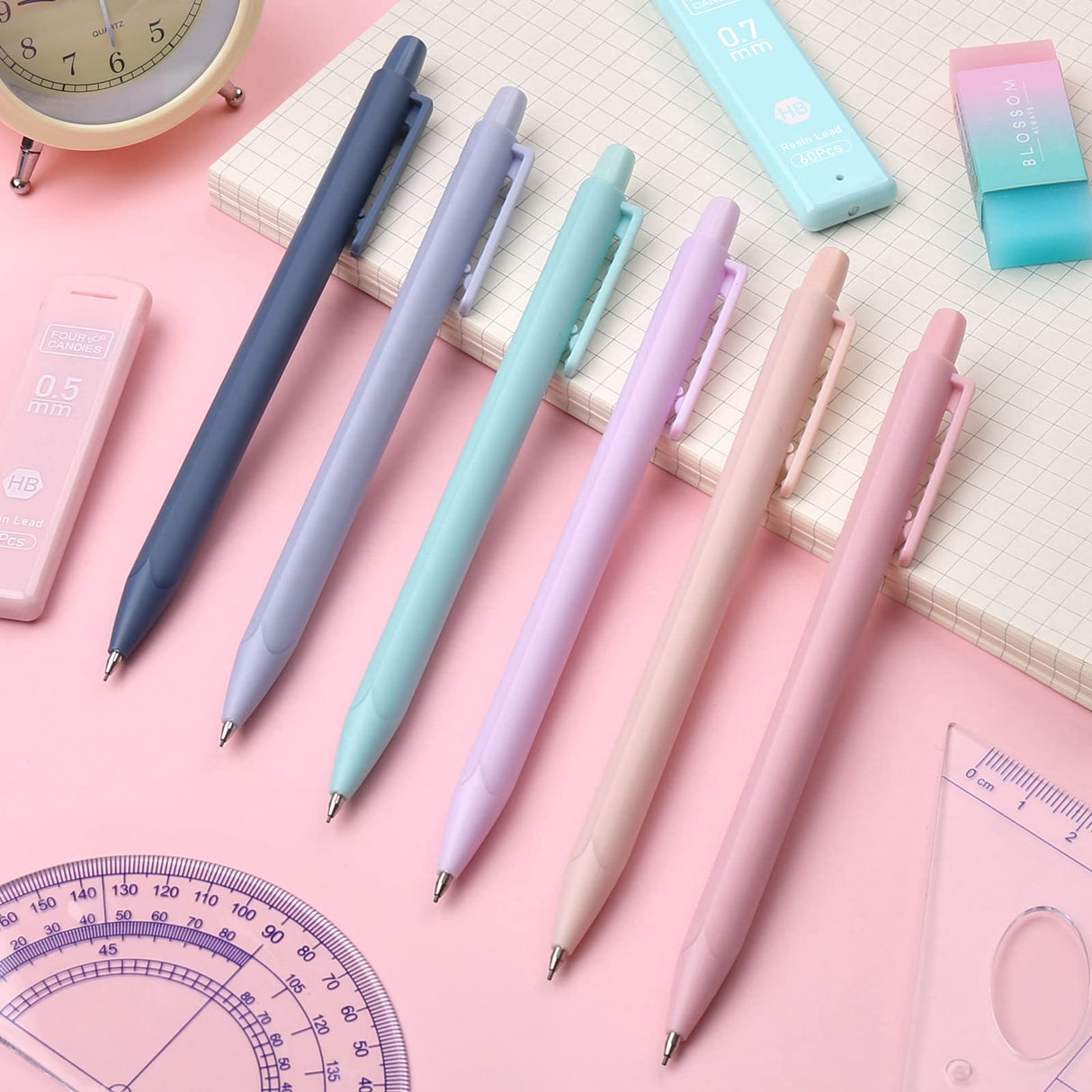 Four Candies Cute Mechanical Pencil Set, 6PCS Pastel Mechanical Pencils 0.5 & 0.7mm with 360PCS HB Pencil Leads, 3PCS Erasers and 9PCS Eraser Refills, Aesthetic Mechanical Pencils for Girls Writing Four Candies