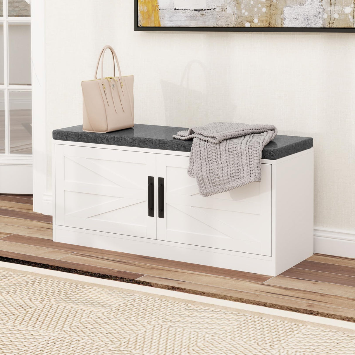 Giantex Shoe Storage Bench with Cushion, 2-Tier Entryway Bench w/2 Barn Doors & 2 Adjustable Shelves, Farmhouse Shoe Storage Cabinet for Entryway, Living Room, Hallway, Bedroom, White Giantex