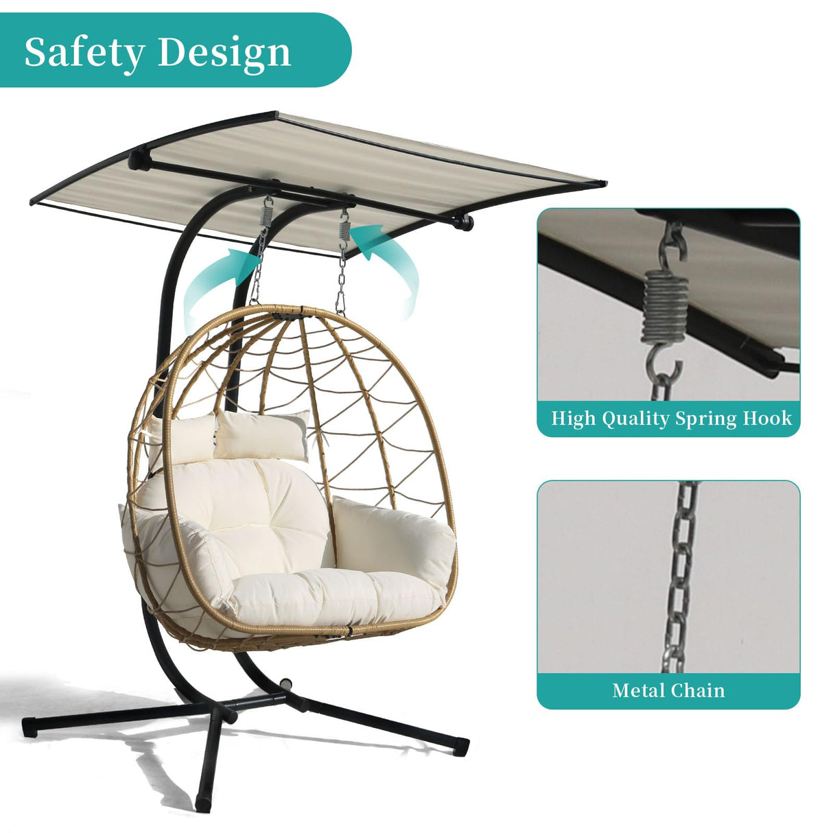 Double Egg Chair wth Stand Hammock Swing Chair Foldable Hanging Loveseat, Outdoor Hammock Egg Chair for Patio, Bedroom, Garden and Balcony (Milky White) VIXLON