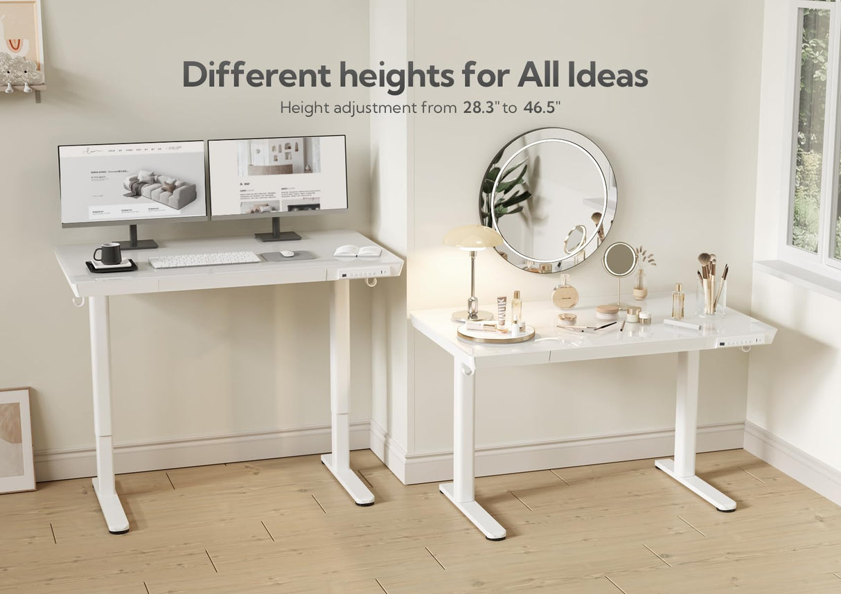 Claiks Glass Standing Desk with Drawers, 55 Inch Adjustable Stand Up Desk, Quick Install Home Office Computer Desk with USB Ports, White Claiks