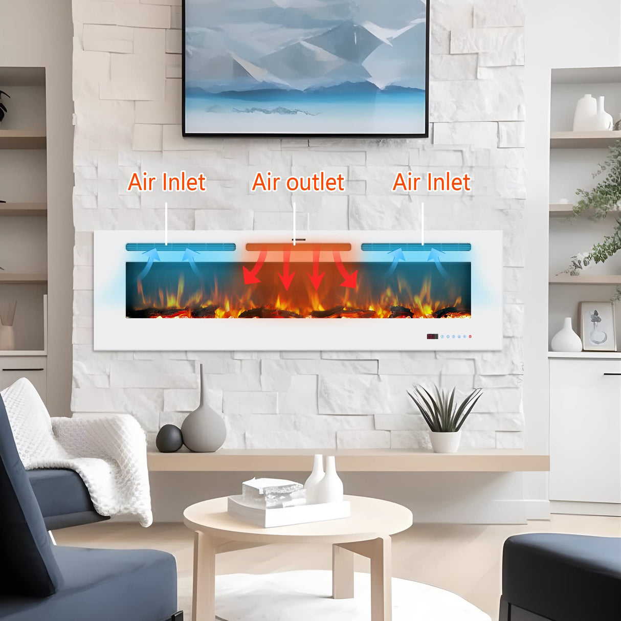 Kentsky 60 inches Electric Fireplace Inserts, Recessed and Wall Mounted Fireplace Heater, Linear Fireplace w/Thermostat, Touch Screen, Multicolor Flame, Timer, Log & Crystal, 750W/1500W, White Kentsky