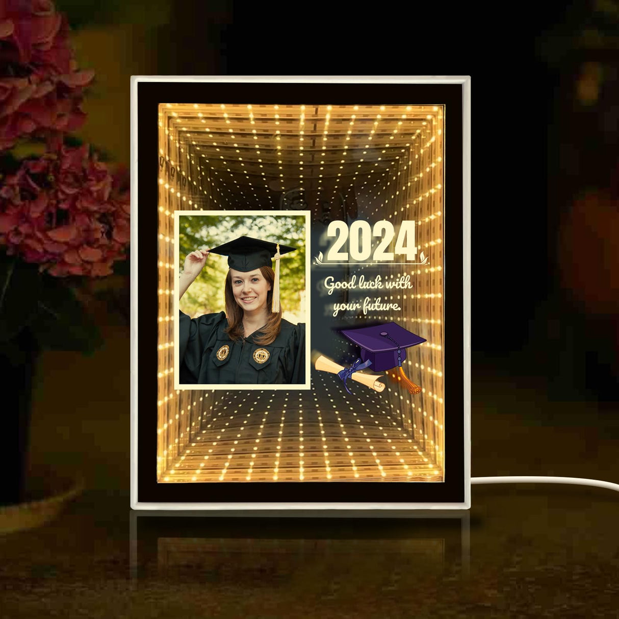 Custom Photo Infinity Mirror, Personalized Photo Frame Gifts for Friends, Couples, Family, Desktop LED Night Light Makeup Mirror 2 in 1, Home Decoration Bedroom Office Living Room LINMQIU