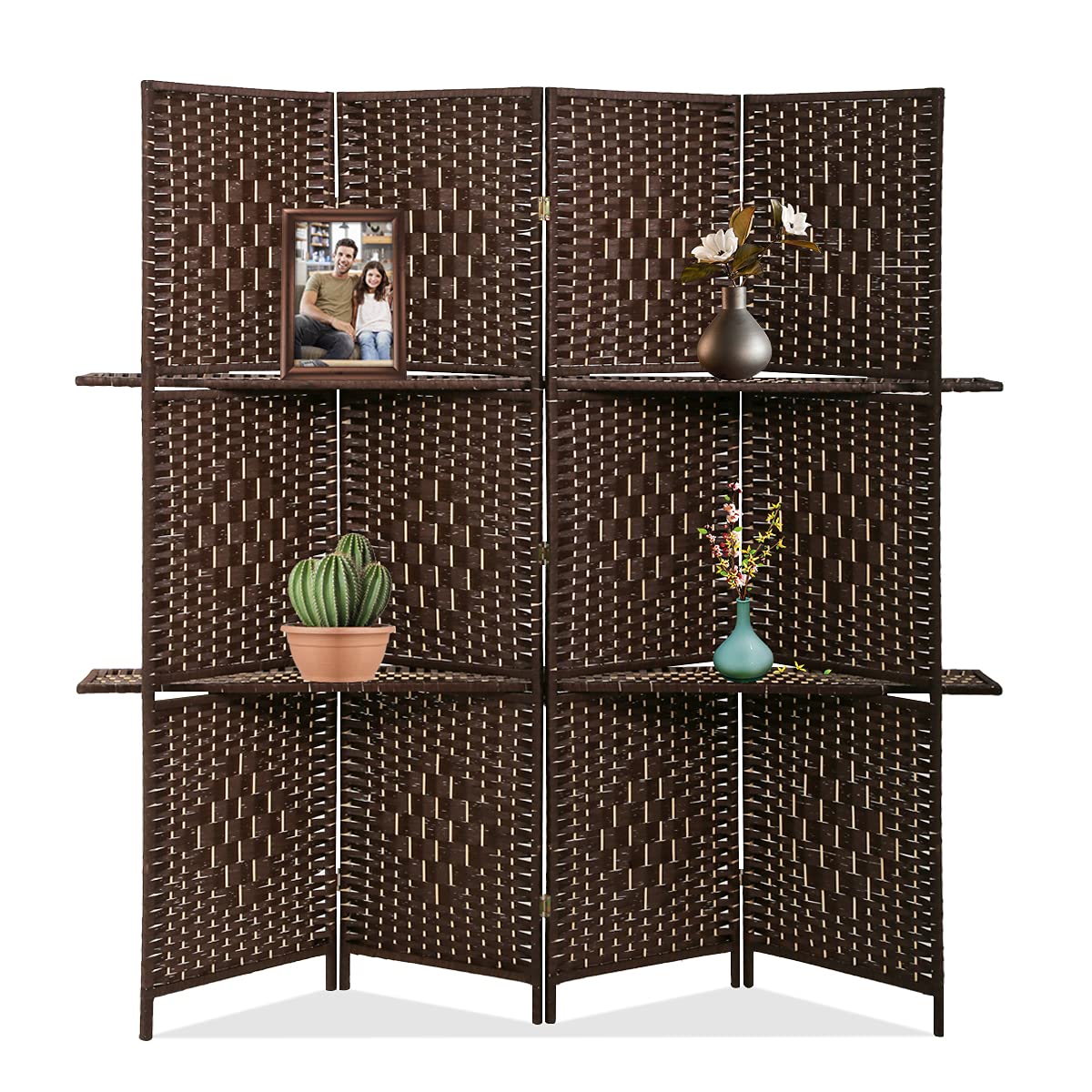 Room Dividers and Folding Privacy Screens 4 Panel 67 Inch Tall Portable Room Seperating Divider w/ 2 Display Shelves Solid Wood Room Partitions and Dividers Freestanding for Home, Office Dkeli