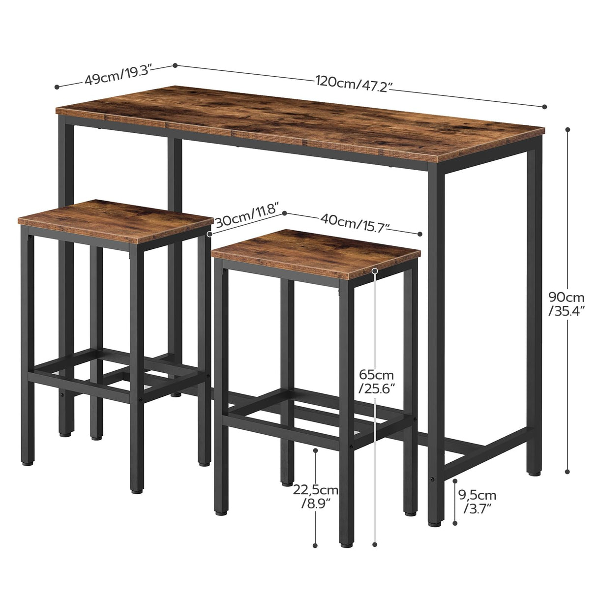 HOOBRO Bar Table and Chairs Set, 47.2” Rectangular Pub Table with 2 Stools for Small Space, High Top Table, 3-Piece Breakfast Table Set, Sturdy Metal Frame, Easy to Assemble, Rustic Brown BF52BT01 HOOBRO