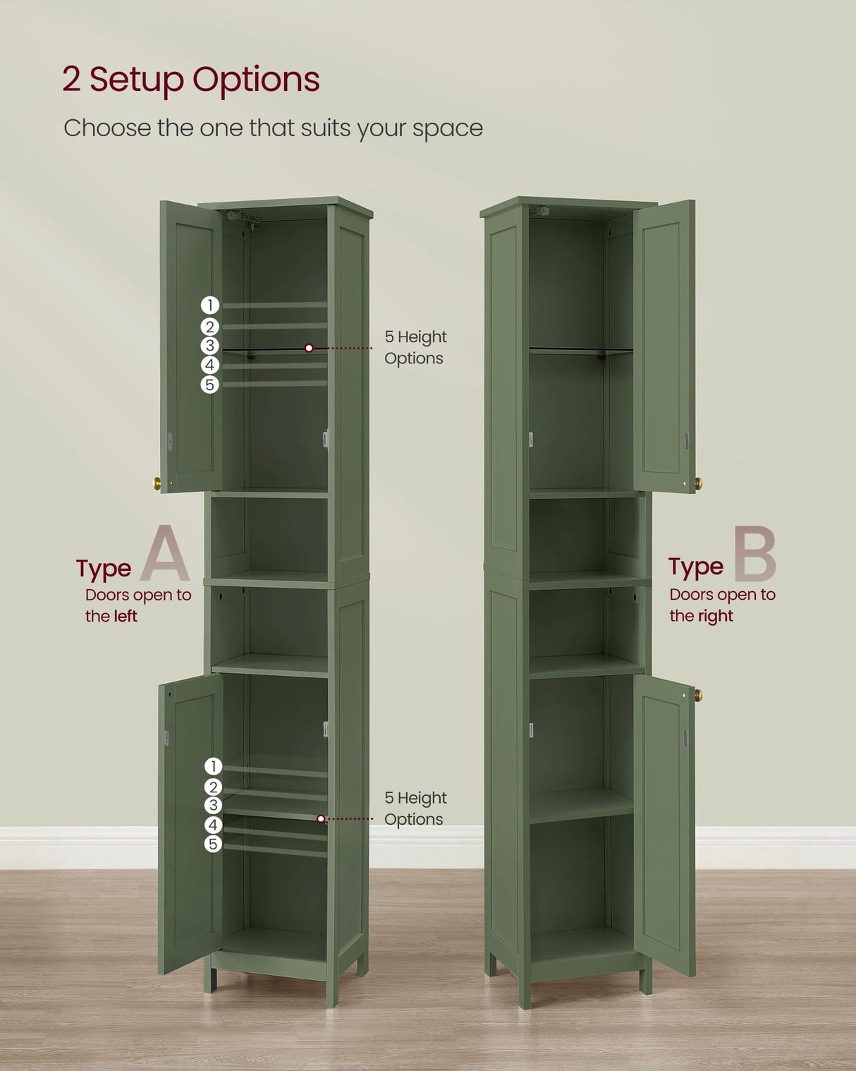 VASAGLE Tall Bathroom Cabinet with Lights, Slim Bathroom Storage Cabinet, Freestanding Narrow Cabinet with Adjustable Shelves, for Small Spaces, Modern, 11.8 Inches Wide, Forest Green UBBC566C01 VASAGLE
