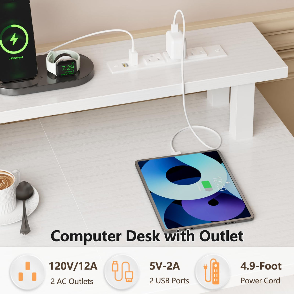 Furologee 61 Inch Desk with Power Outlets and LED Lights, Computer Desk with 4 Removable Drawers, White Office Desk with Long Monitor Stand, Large Gaming Desk with Shelves for Home Office/Bedroom Furologee