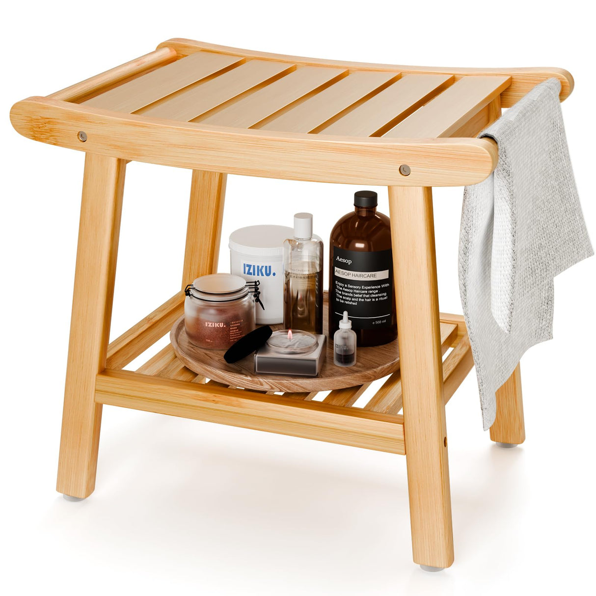 Bamboo Shower Bench for Inside Shower to Sit on,Waterproof Shower Stool for Shaving Legs,Spa Bathroom Shower Chair with Storage Shelf, Bathroom Bench Seat for Senior Adult Disabled Elderly LEJANEOYE