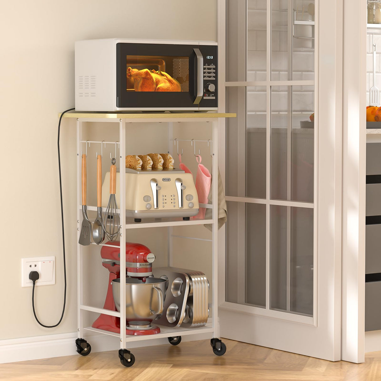 ThreeHio Rolling Kitchen Microwave Cart, 3 Tier Microwave Table Stand with Adjustable Shelf, Kitchen Storage Rack on Wheels, Coffee Station Cart Rack Shelf Organizer for Living Room Office, Balcony ThreeHio