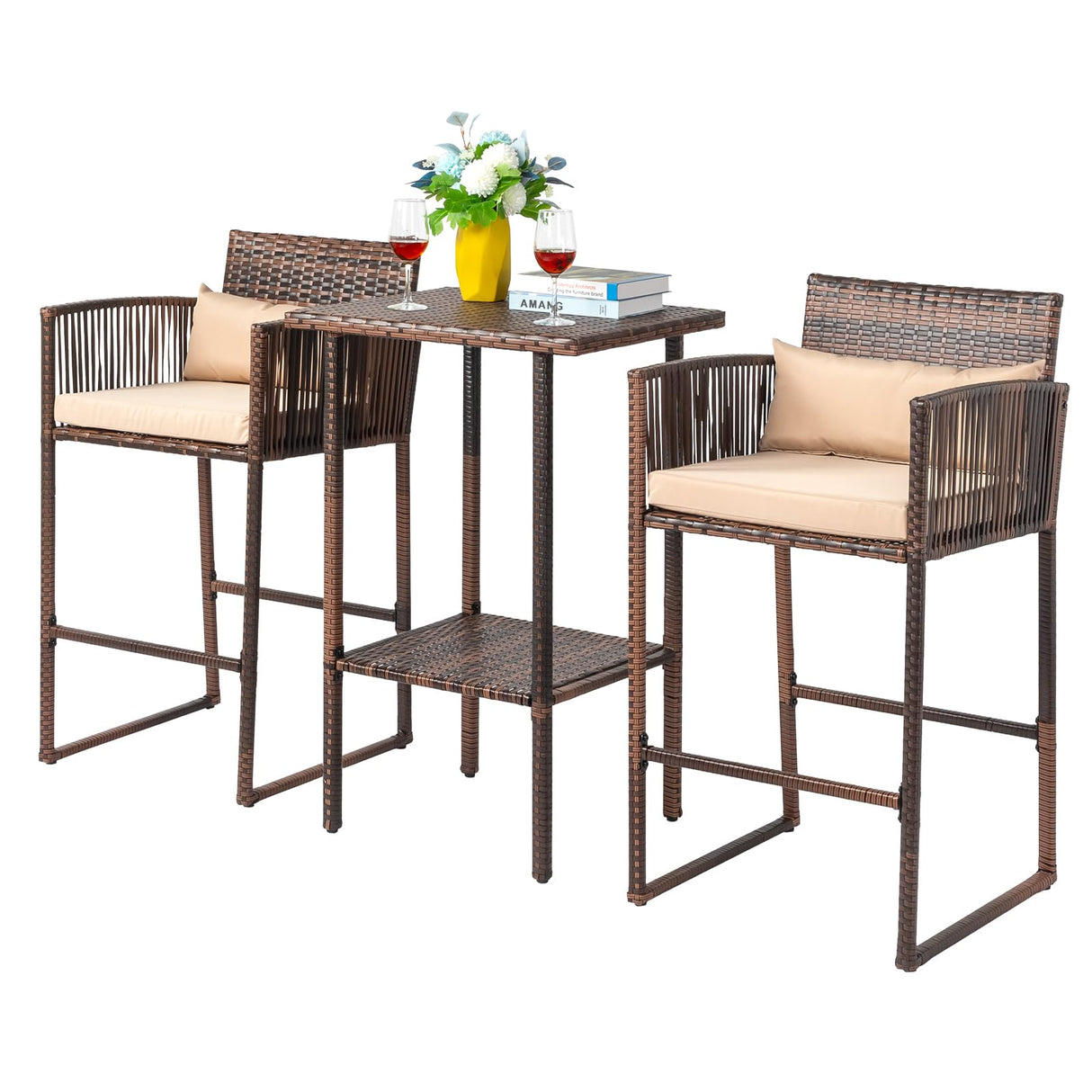 VINGLI 3 PCS Patio Bar Set Wicker, Outdoor Bar Table and Bar Stools with Storage Shelf and Cushions, Bar Height Outdoor Table and Chairs Wicker Furniture VINGLI