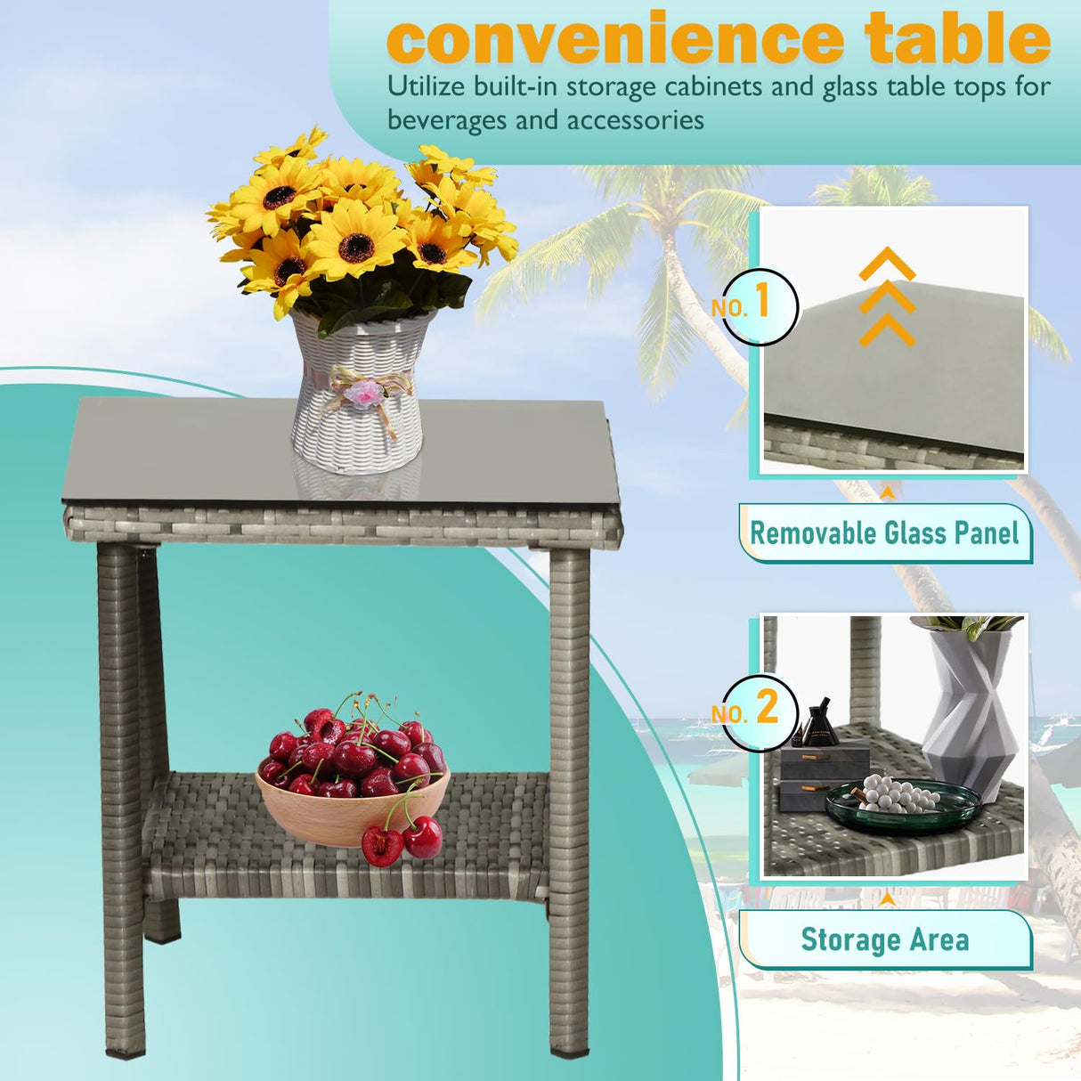 PayLessHere Set of 3 Outdoor Furniture Set Patio Furniture Set Gray Conversation Set with 2 Rattan Chairs Glass Coffee Table for Coffee Bar Poolside Patio Outdoor, Khaki Cushions PayLessHere