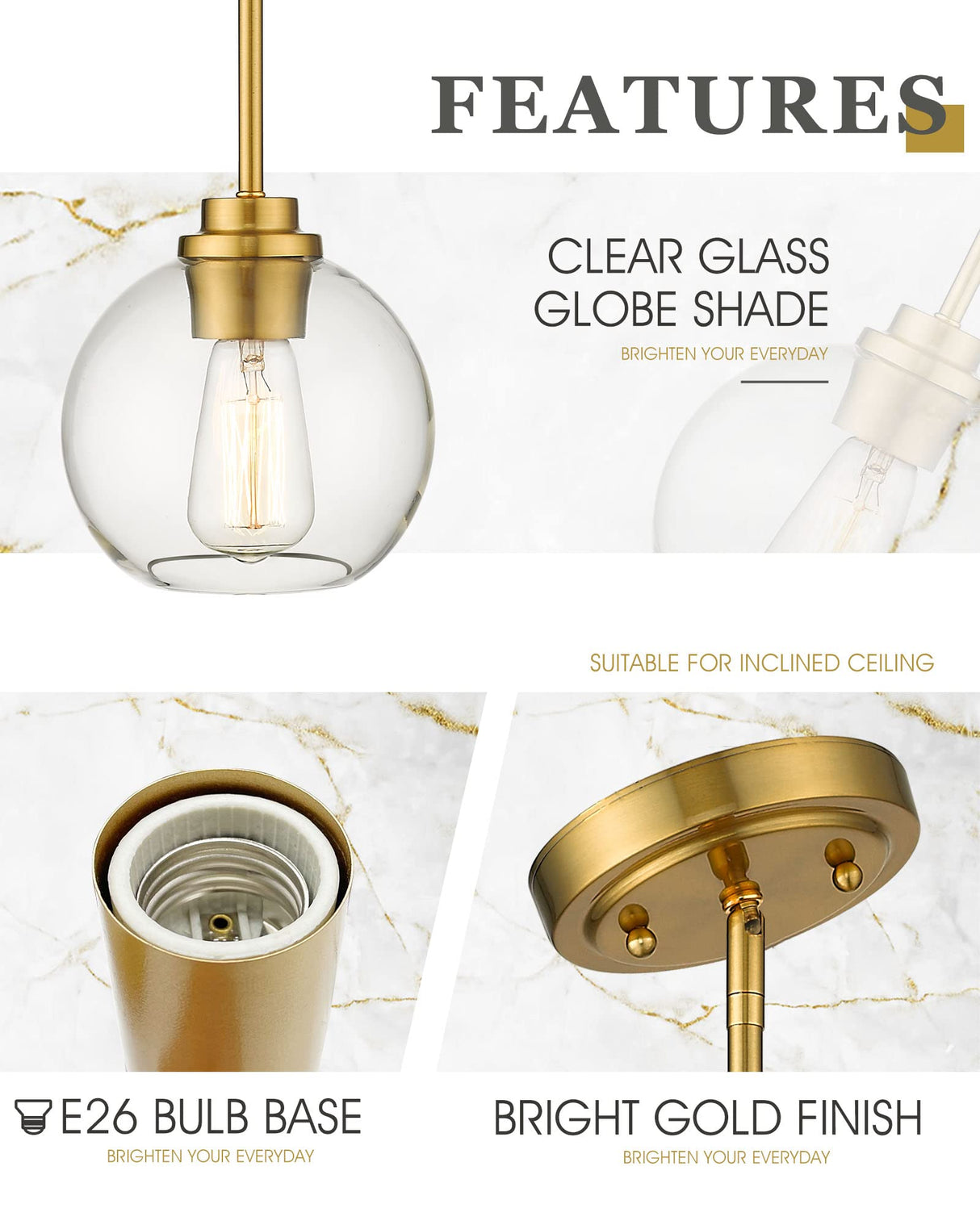 Audickic Brass Pendant Lights Kitchen Island 2 Pack, Farmhouse Gold Pendant Light with Clear Glass Globe Shade, Kitchen Island Lighting for Dining Room Entryway, AD-22280-1P2-GD-C Audickic