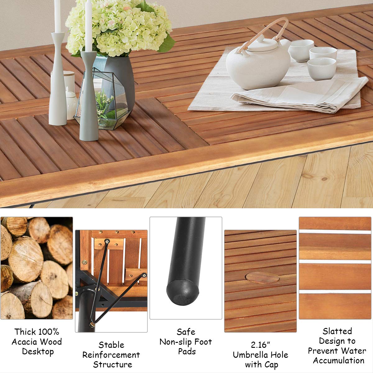 Tangkula 7 Pieces Patio Dining Set, Acacia Wood Wicker Dining Furniture Set with Sturdy Steel Frame & Umbrella Hole, Outdoor Dining Table Chair Set with Removable Cushions for Backyard, Garden Tangkula