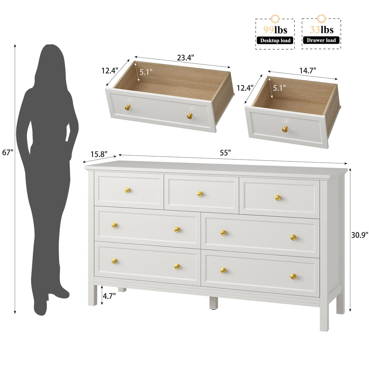 LYNSOM 7 Drawer White Dresser for Bedroom, 55" Wood Dresser with Gold Handles, Wide Modern Chest of Drawers for Hallway, Entryway LYNSOM